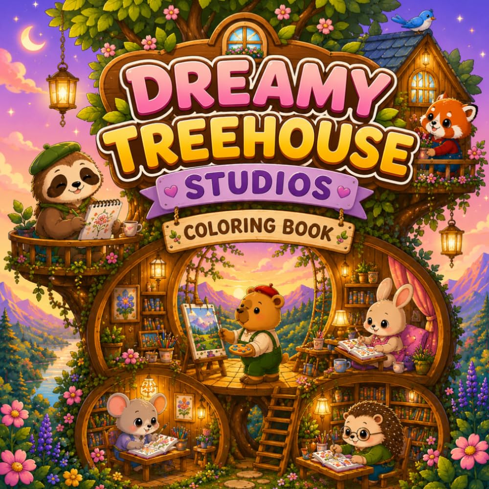 Dreamy Treehouse Studios Coloring Book: Cute Animal Art Rooms, Cozy Treehouses, Creative Studios and Fun Coloring Pages for Kids
