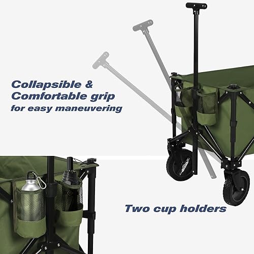 Miniatura 4 de Chihee Carro plegable de playa, carrito de jardín resistente con 2 portavasos, carrito de campamento para ruedas cardán con sistema de frenado, tela