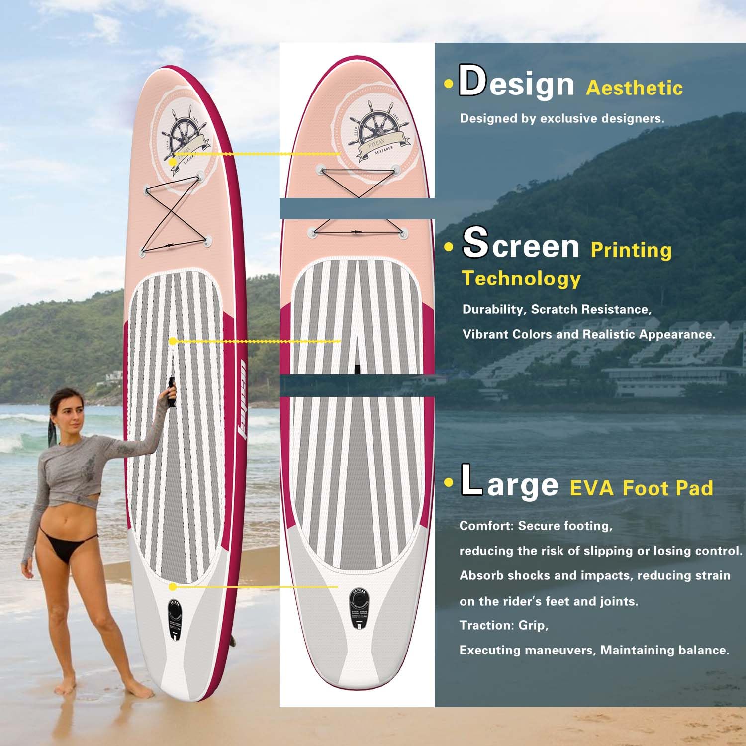 11’×33”×6” Inflatable Stand Up Paddle Board Non-Slip Deck, Complete SUP Accessories for All Skill Levels, Wide Seat & Safety Leash, 3 Fins, Adjustable Paddle, Pump & Carrying Backpack (Rose)