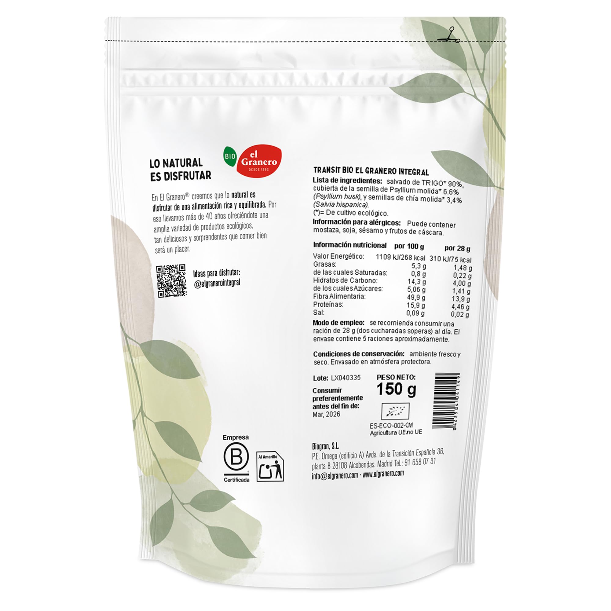 El Granero Integral - LAX Transit Ecológico de 150 g - Salvado de Trigo, Psyllium y Cáscara de Chía - Rico en Fibra - Ideal para Mezclar con Bebidas y Preparar Batidos