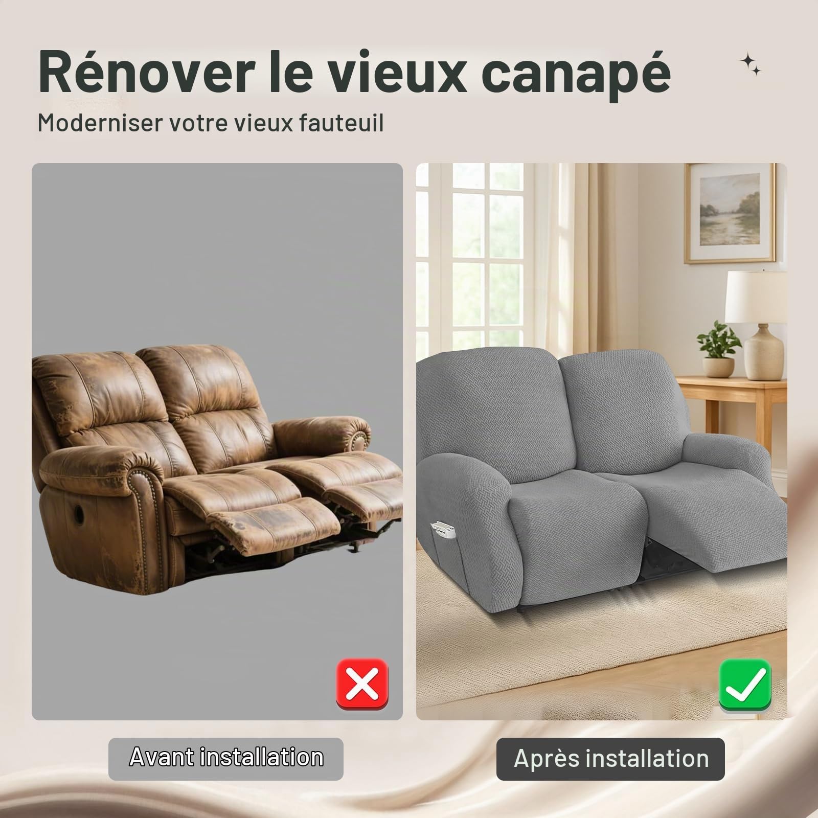 Housse Fauteuil Relax 2 Places,Housse de Fauteuil Extensible avec Poches, Housse Canapé Relax Jacquard Rayé Tout Compris, Protège Fauteuil pour Fauteuil Inclinable (Gris Clair, 6 Pièces)