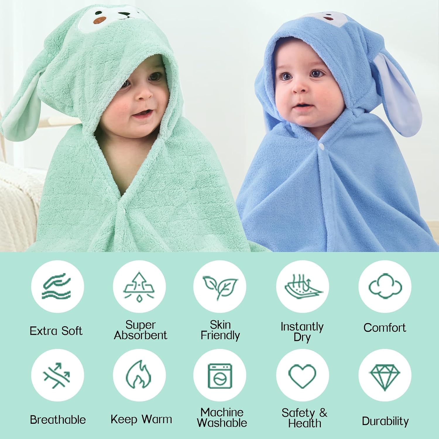 Coral Velvet Hooded Baby Towel - Cute Animal Print, Ultra-Absorbent & Quick-Drying for Newborn to Toddler 27.5x55 Inch, Machine Washable
