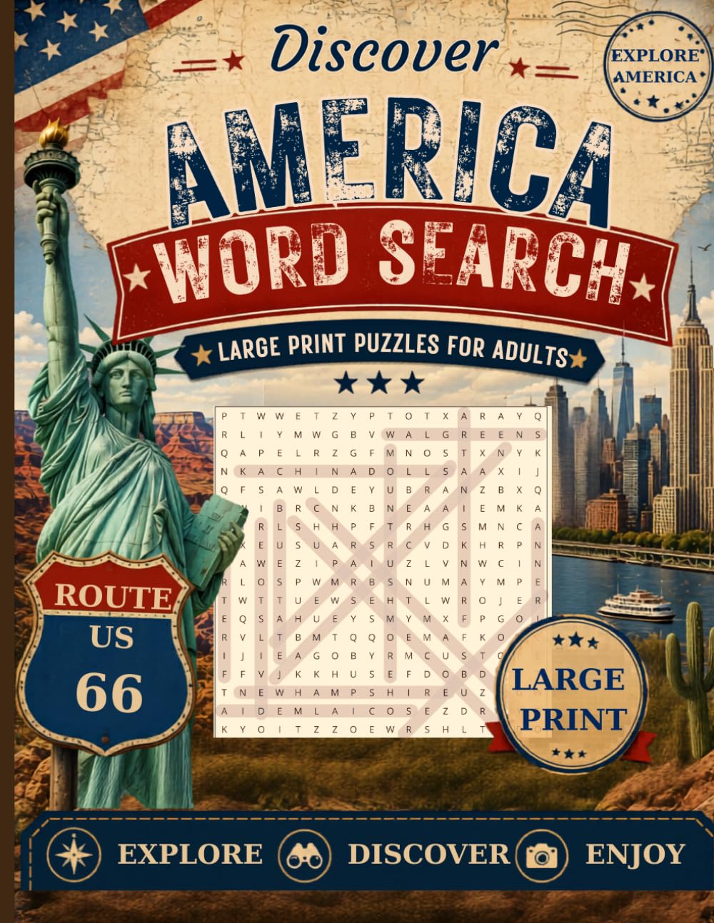 Discover America Word Search: Large Print Puzzles for Adults Featuring U.S. States, Landmarks, History, Culture, and Iconic American Moments
