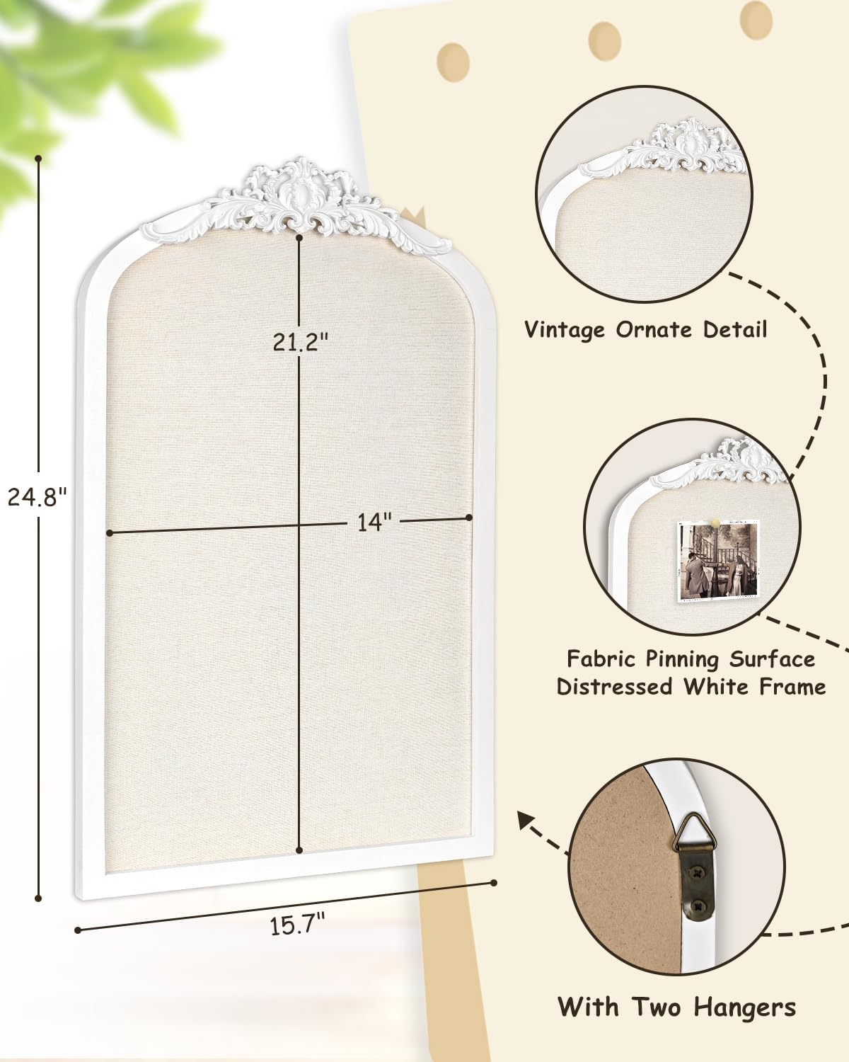Bulletin Board with Linen, Vintage Arch Framed Pin Board – 15.7" x 24.8" White Cork Board for Walls, White Pine Wood Frame, Fabric Pinboard, Vision Board for School, Home & Office