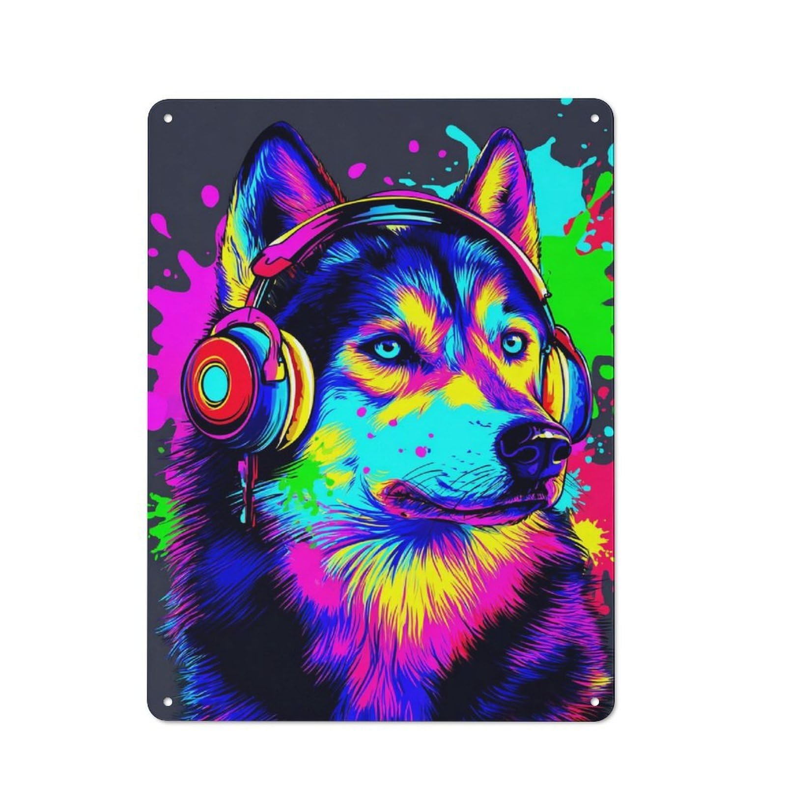 Junmoney Colorful Husky With Headphones -2 Tin Wall Plaque 40X30cm With For Garage Or Workshop, For Living Room, Hallway And Entrance Wall Decor