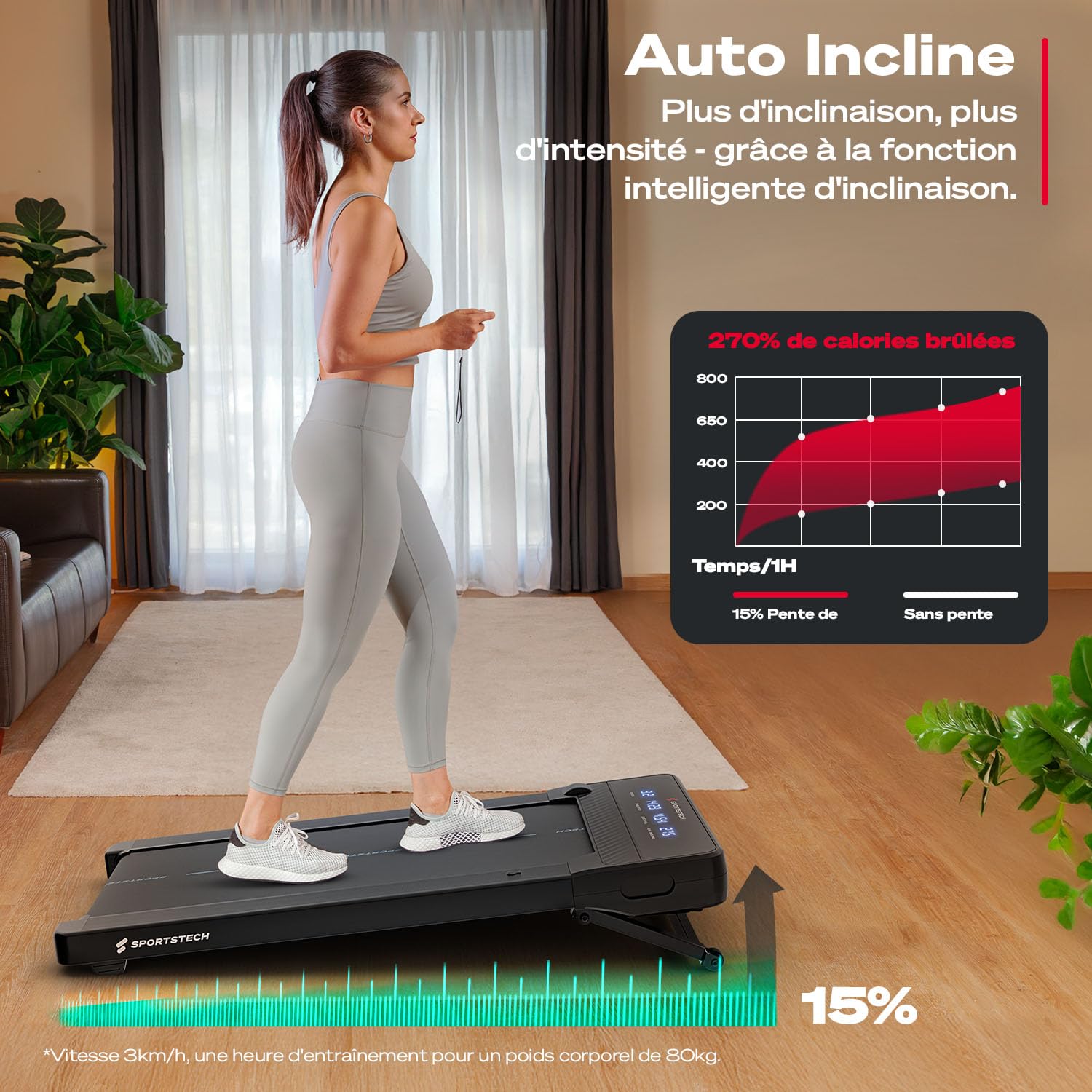 Sportstech Tapis de Marche, Inclinaison Automatique, Tapis Roulant pour la Maison et Le Bureau, écran LED, avec 1 an d'App STL Incluse, Tapis de Marche et Tapis Roulant de Fitness, spad500/1000