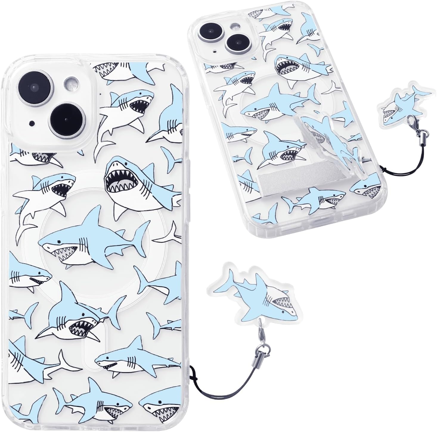 Blue Cool Shark Magnetic Phone Case for iPhone 15 Pro Max with A Phone Charm and Phone Stand,Compatible with MagSafe Accessories,Clear Slim Thin Shockproof Protective Phone Case Cover image 3