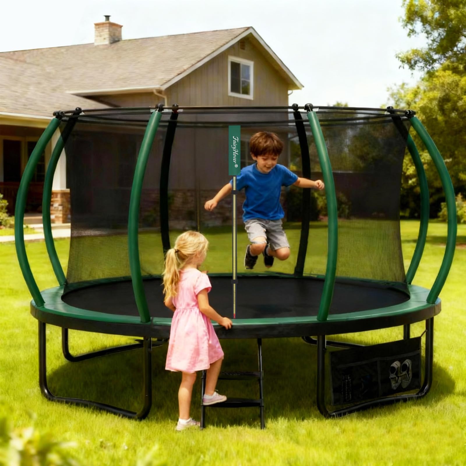 Trampolin Outdoor,Gartentrampolin mit Sicherheitsnetz,Rundes Kindertrampolin mit Leiter und Schuhbeutel,Kürbis-Design Riesentrampolin,Outdoor Trampolin für Kinder & Erwachsene