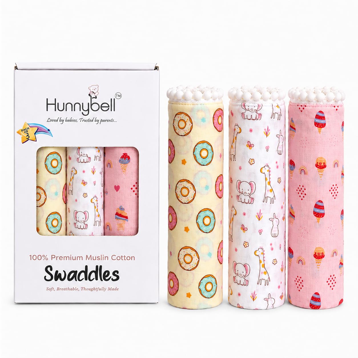 100% Muslin Cotton Baby Swaddle Wrap Pack of 3 | 100 x 100 cm Newborn Swaddle Blank | Soft Breathable | with Lace Border | Baby Receiving Wrapper | 0-3M | Newborn Gifting-image-25
