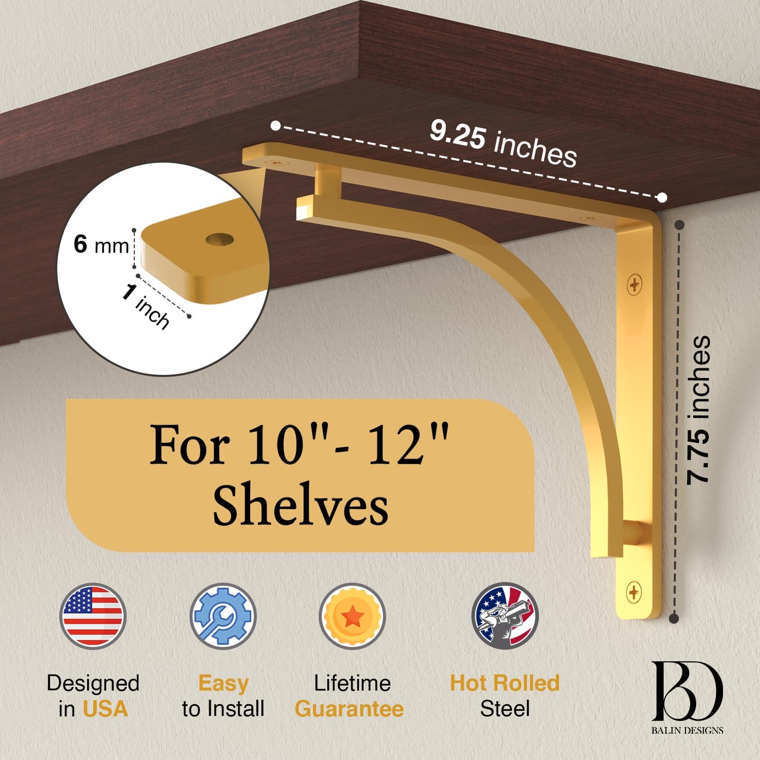 Classic Brass Heavy Duty Shelf Brackets 10 inch by Balin Designs – Gold L Bracket, Wall Mounted Support, Shelving Metal Bracket, Decorative Shelf Brackets, with Hardware Included, Set of 4