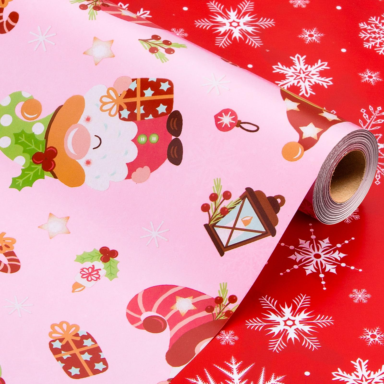 Wikadlik Reversible Christmas Wrapping Paper - 43cm x 10m Thick Pink Presents Packing Paper - Funny Gnome/Candy Cane/Snowflakes/Berry Design