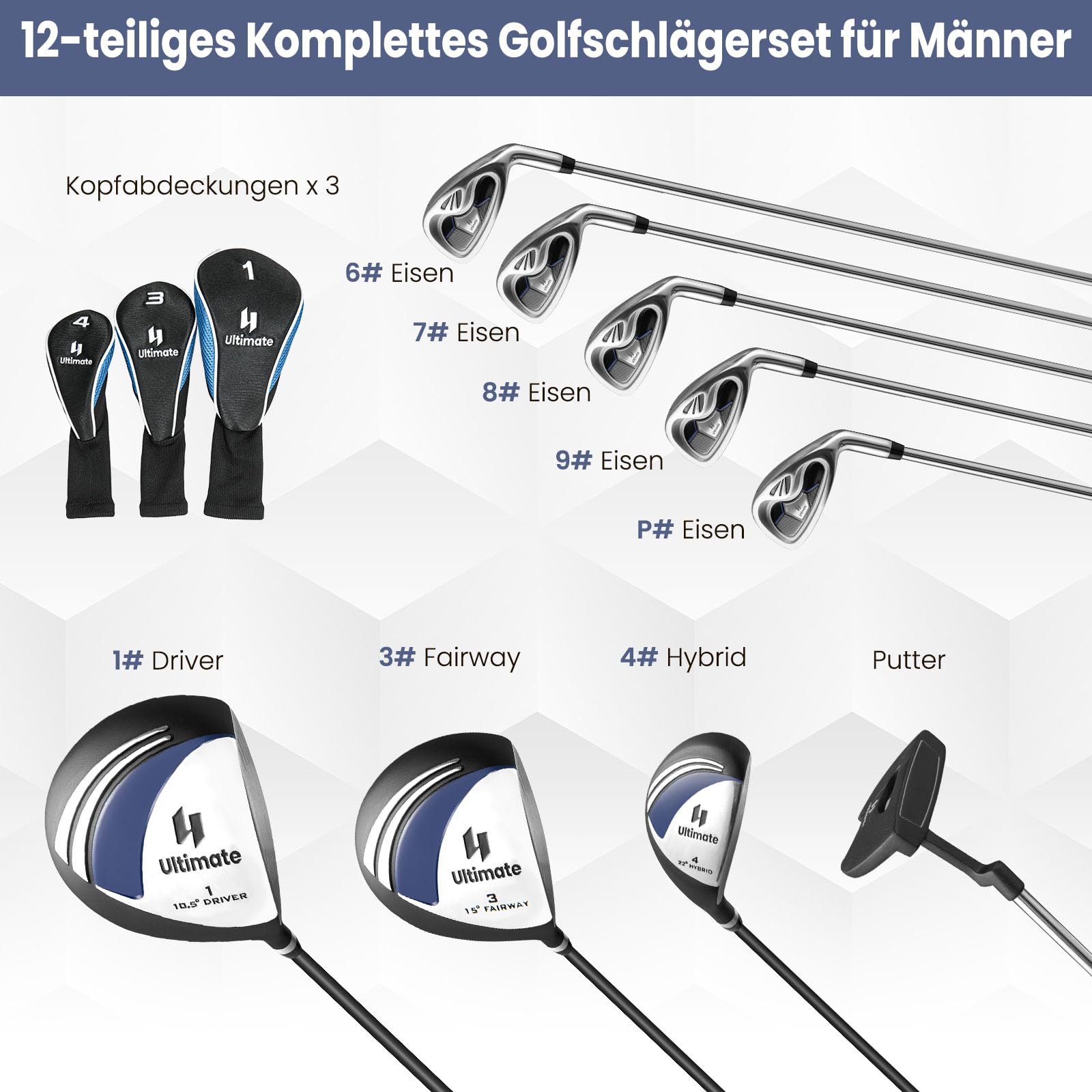 GYMAX Komplettes Golfschlägerset für Herren, 12-teiliges Golfschlägerset mit Schlägerhauben, inkl. 1# Driver, 3# Fairway, 4# Hybrid, 6# & 7# & 8# & 9# & P# Eisen, Putter