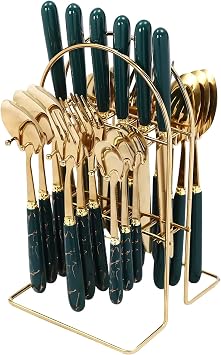 Stainless Steel Flatware Set, 24 Piece Cutlery Set with Holder, Service for 6, Spoons Forks Knives Set, Hanging Set for Restauroom Wedding Birthday Parties Golden, Dark Green