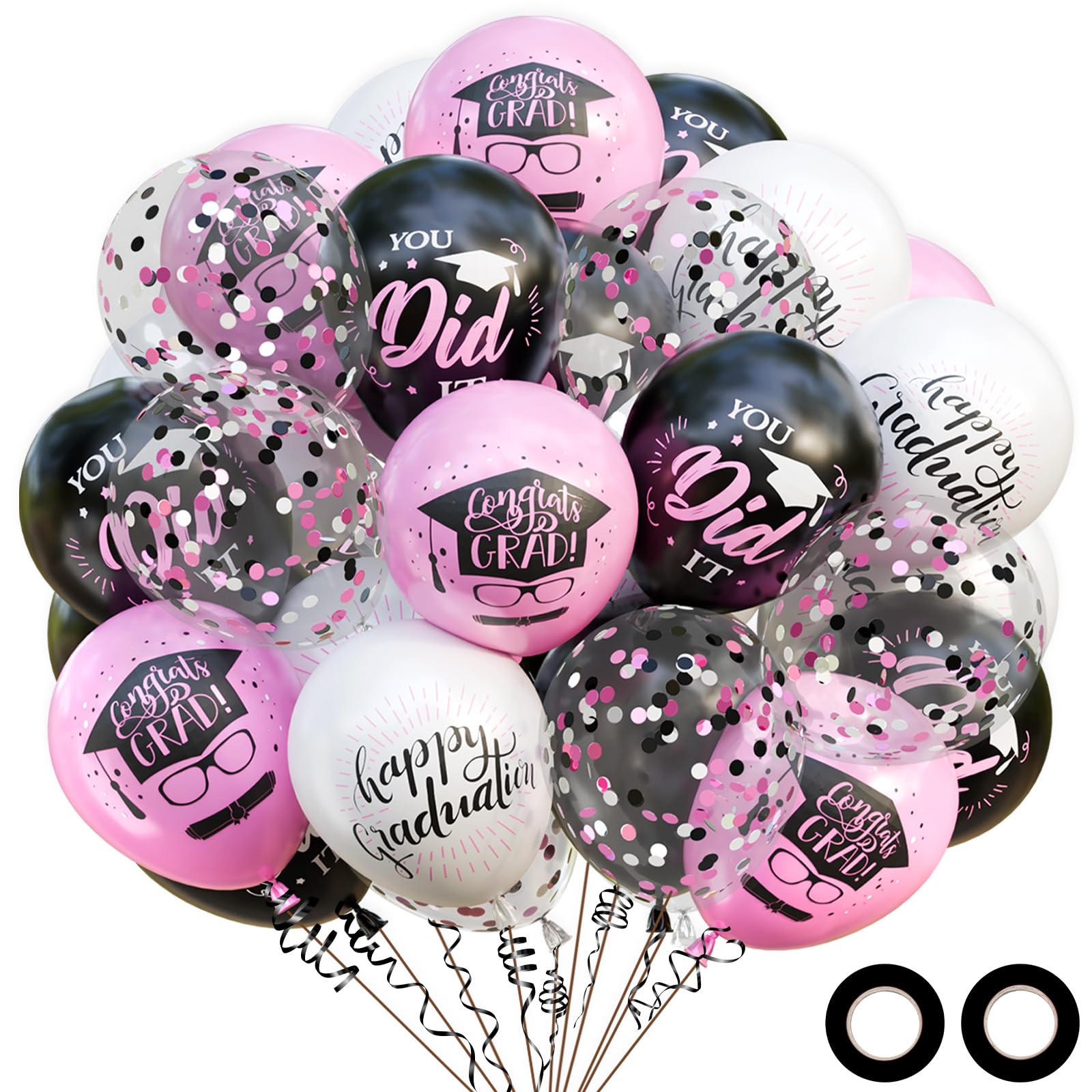 OuMuaMua75 Pack Graduation Party Decorations Balloons Set - 12 Inch Pink Black White Confetti Graduation Balloons with 2 Ribbons for Class of 2025 Congrats Grad Birthday Party Decor Supplies