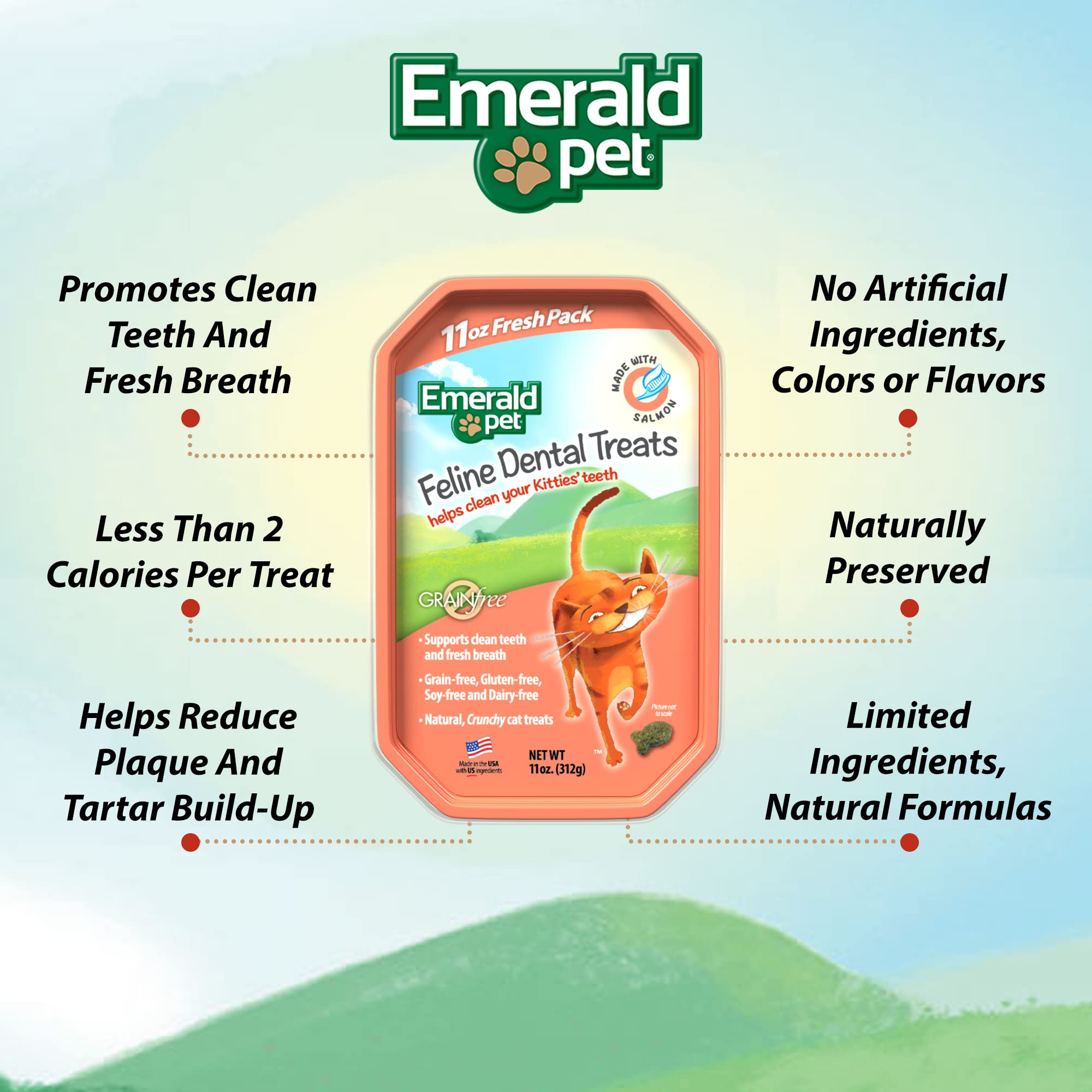 Emerald Pet Grain-Free Cat Dental Treats with Salmon – Crunchy Natural Dental Treats for Cats to Clean Teeth, Freshen Breath, and Reduce Plaque & Tartar – 11 oz Tub - image 2