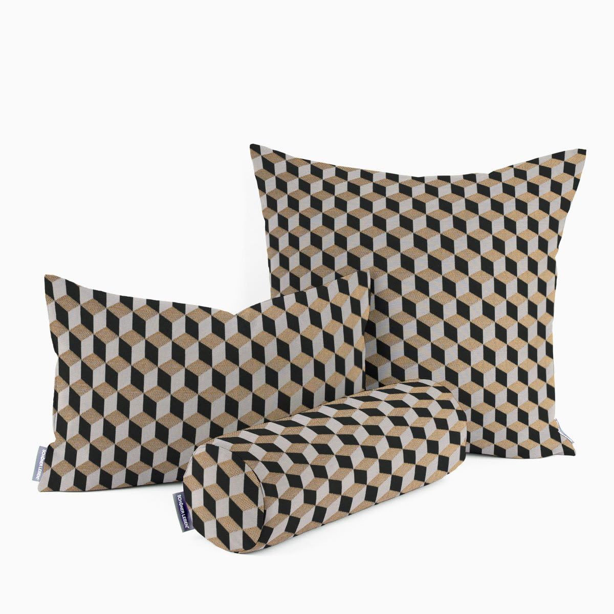 SCHÖNER LEBEN. Funda de cojín Jacquard Metallic Cube Geometric Luxury 3D, cubos, negro, dorado y crudo, diferentes tamaños, fundas de almohada tamaño: 40 x 40 cm (alto x ancho)