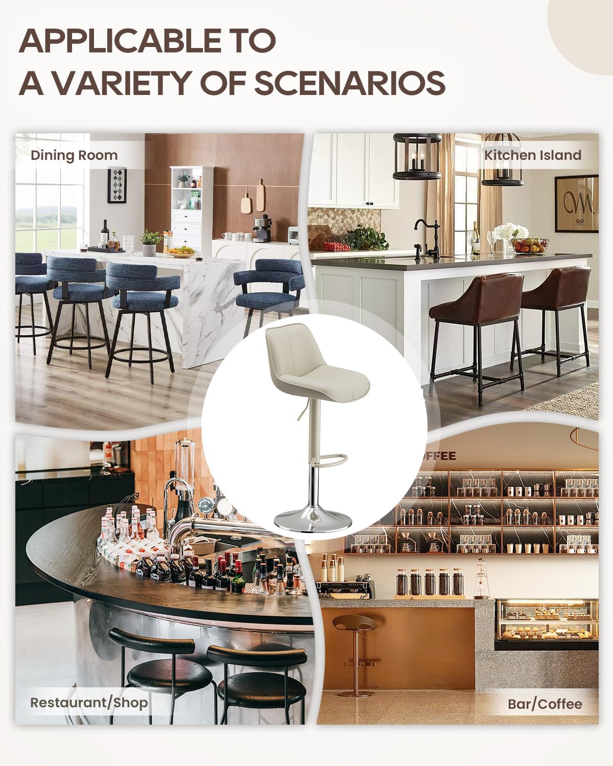 Bar Stools Set of 2, Adjustable Swivel Faux Leather Barstools 26-34inch with Footrests, Counter Height Island Chairs for Bar, Kitchen, Dining Room, Beige