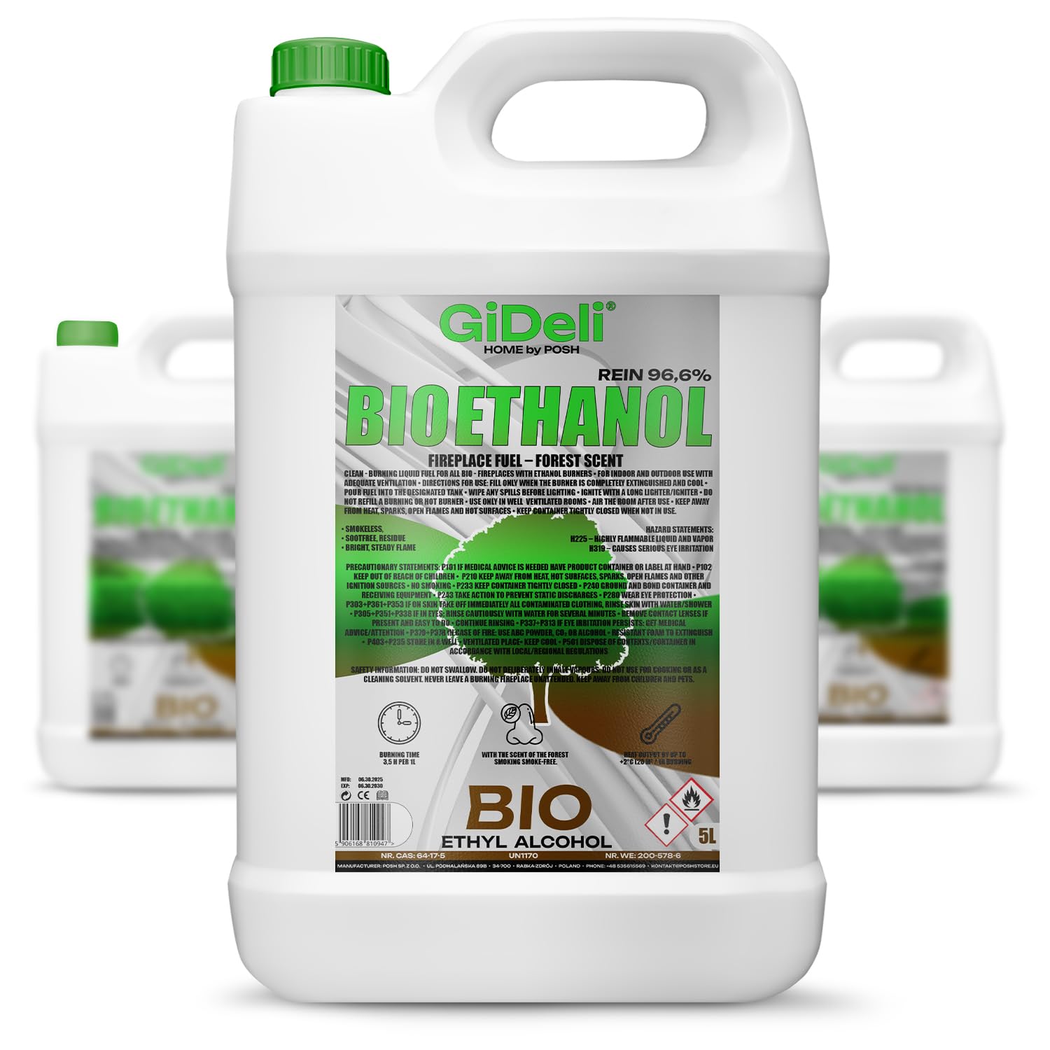 GiDeli Bioetanol - 3 x 5 l de aroma de bosque, 96,6% etanol, para chimeneas interiores y exteriores, sin humo ni hollín, de maíz y remolacha azucarera