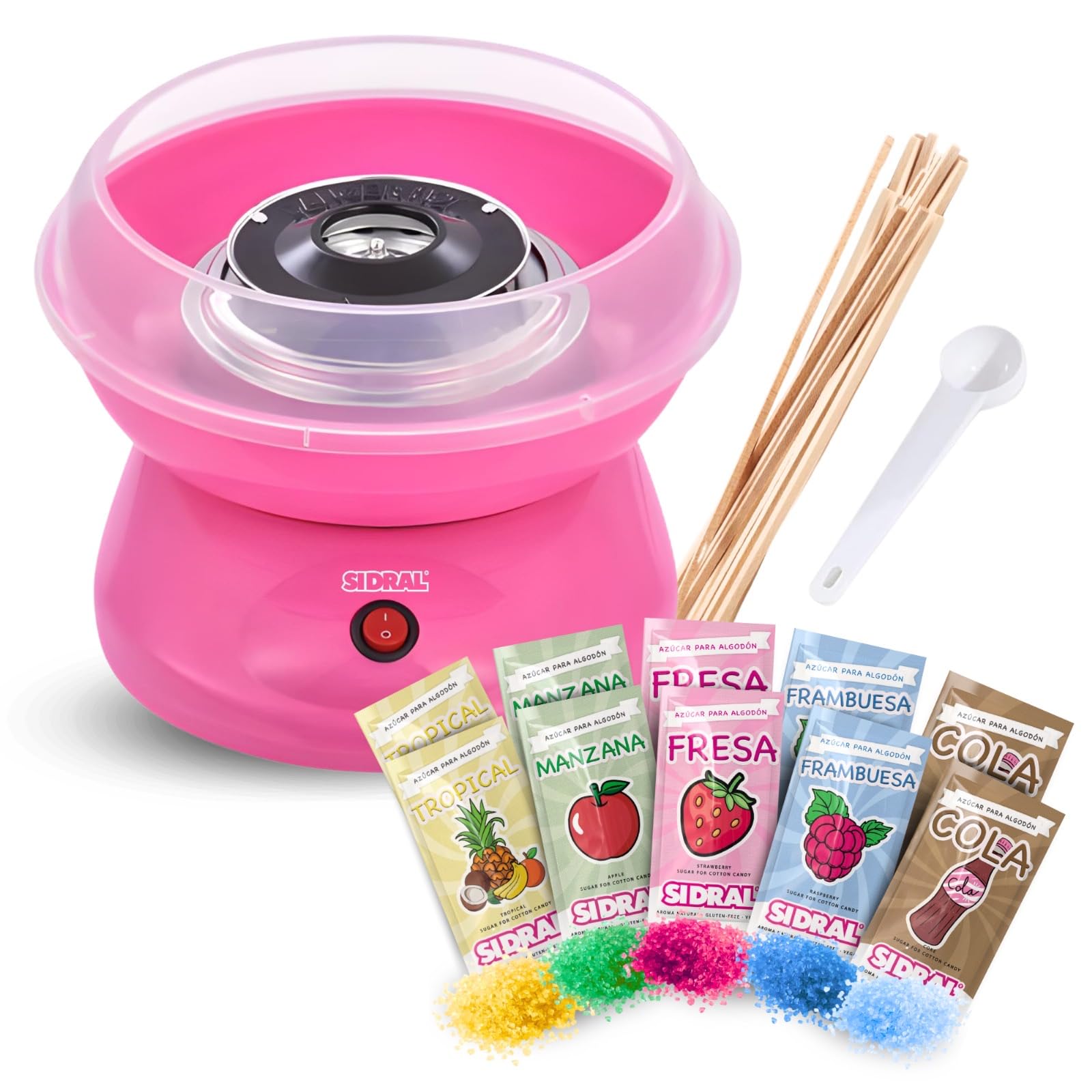 SIDRAL – Máquina para Algodón de Azúcar + 10 Palos + 10 Monodosis Azúcar y Cuchara Medidora de Azúcar, Fácil Uso para Adultos, Maquina Algodón de Azúcar (ROSA)