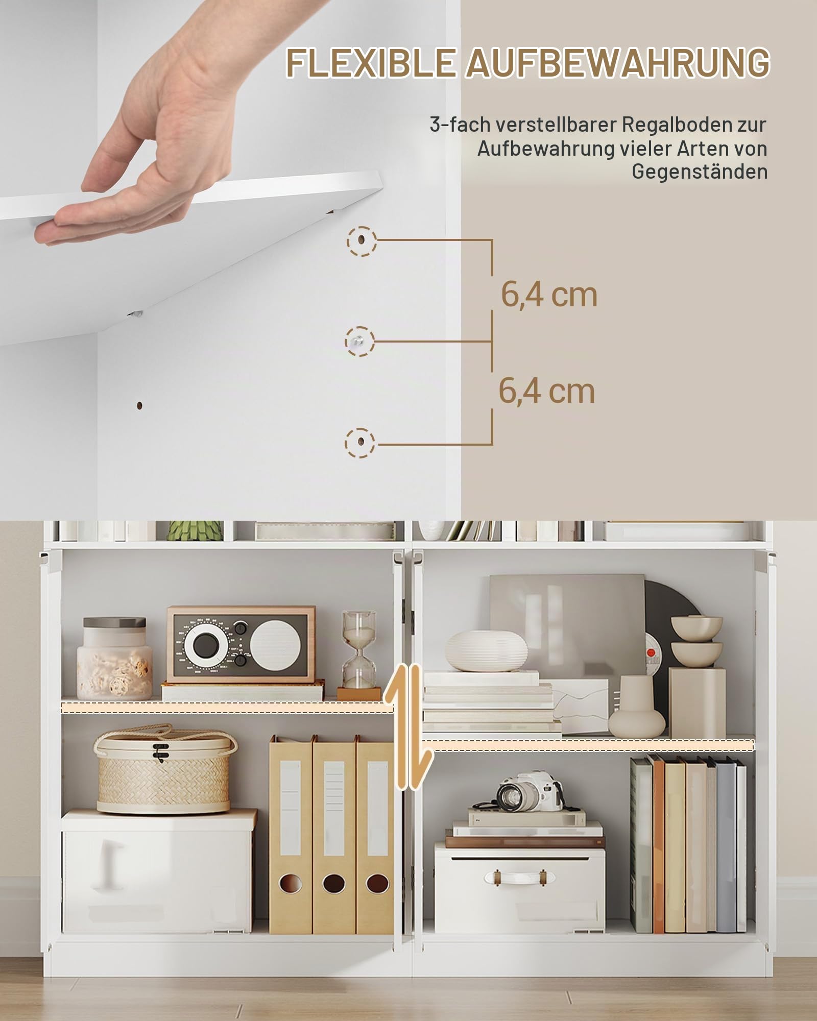 Hzuaneri Bücherregal 10 Fächer 4 Türen Standregal, 30 x 120 x 180 cm, Weiß | freistehend, 4-türiger Unterschrank, Aufbewahrungsregal, für Wohnzimmer Büro Schlafzimmer, BC46503X