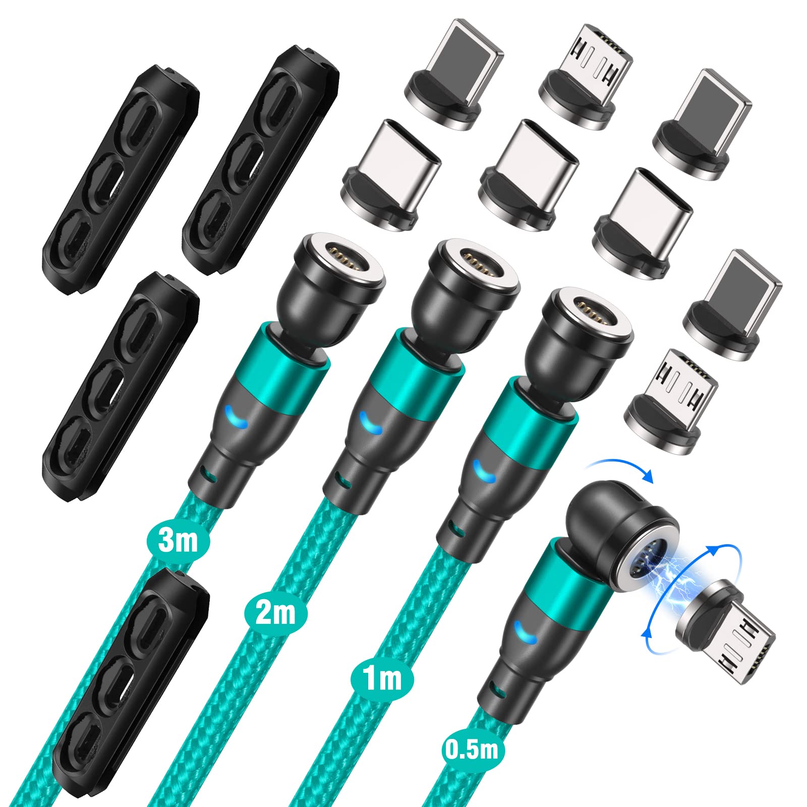 VAFOTON 540° Magnetic Fast Charging Cable [4Pack,1M/1M/2M/2M], 3A Fast Charging and Data Transfer Magnetic Cable, 3 in 1 Magnetic Phone Charger Cable Compatible with Type C, Micro USB, i-Product
