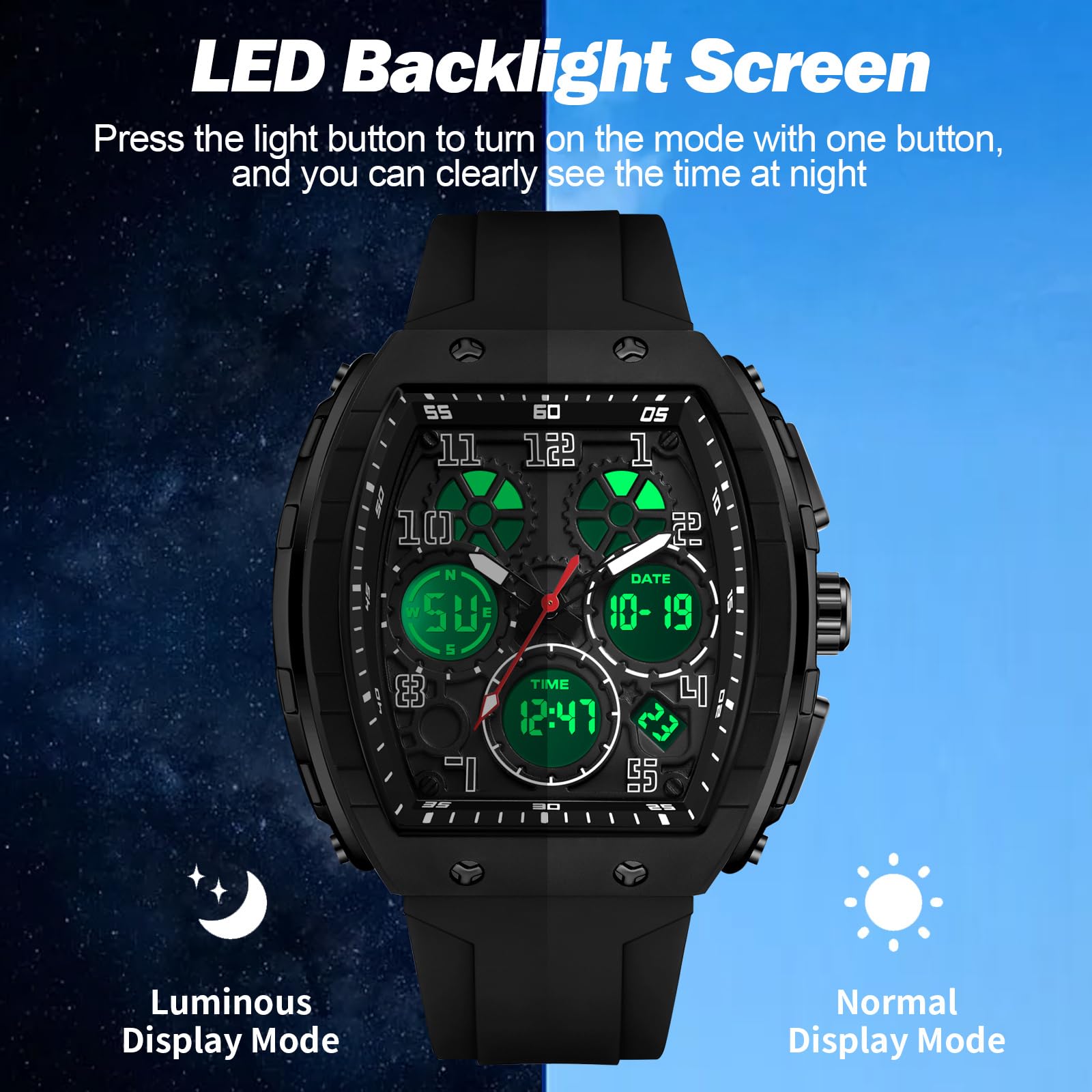 findtime Relojes únicos para Hombre, Reloj Digital Resistente al Agua, Reloj Deportivo con Alarma, cronómetro, diseño Punk, analógico, Calendario, Doble visualización de Hora, Correa de Silicona