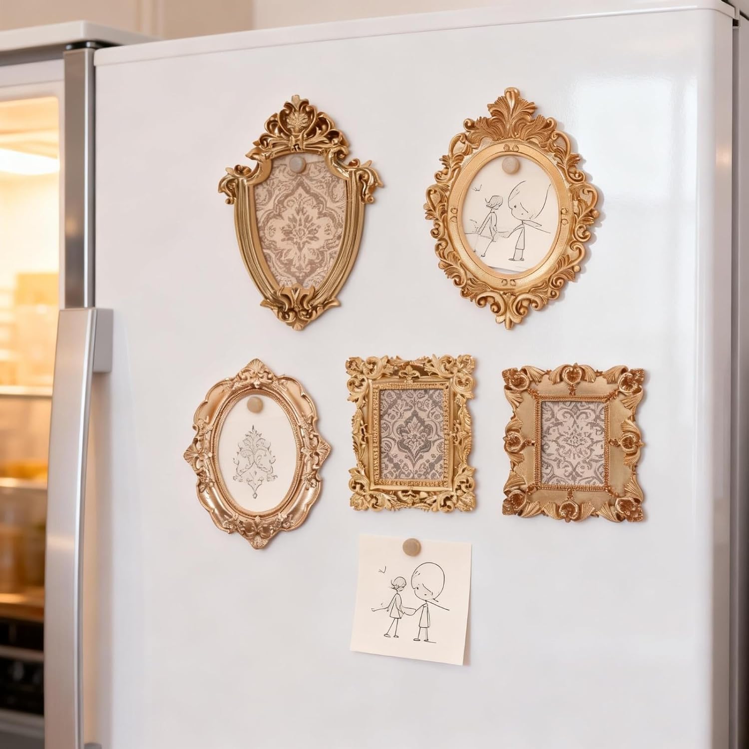 LOGOFUN 5PCS Vintage Picture Frame Magnet Mini Photo Frame Refrigerator Magnets Miniature Frame Shaped Fridge Stickers for DIY Kitchen Decor - Gold