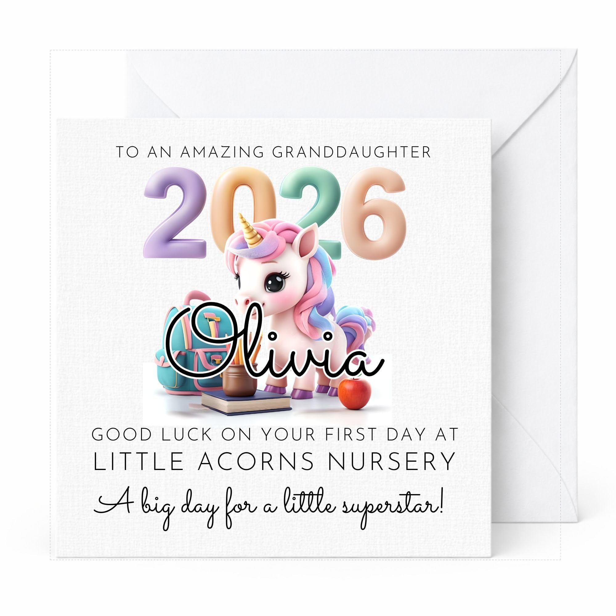 First Day of School Card Personalised with Unicorn Design, Custom Name, Relation and School, Back to School Keepsake Card