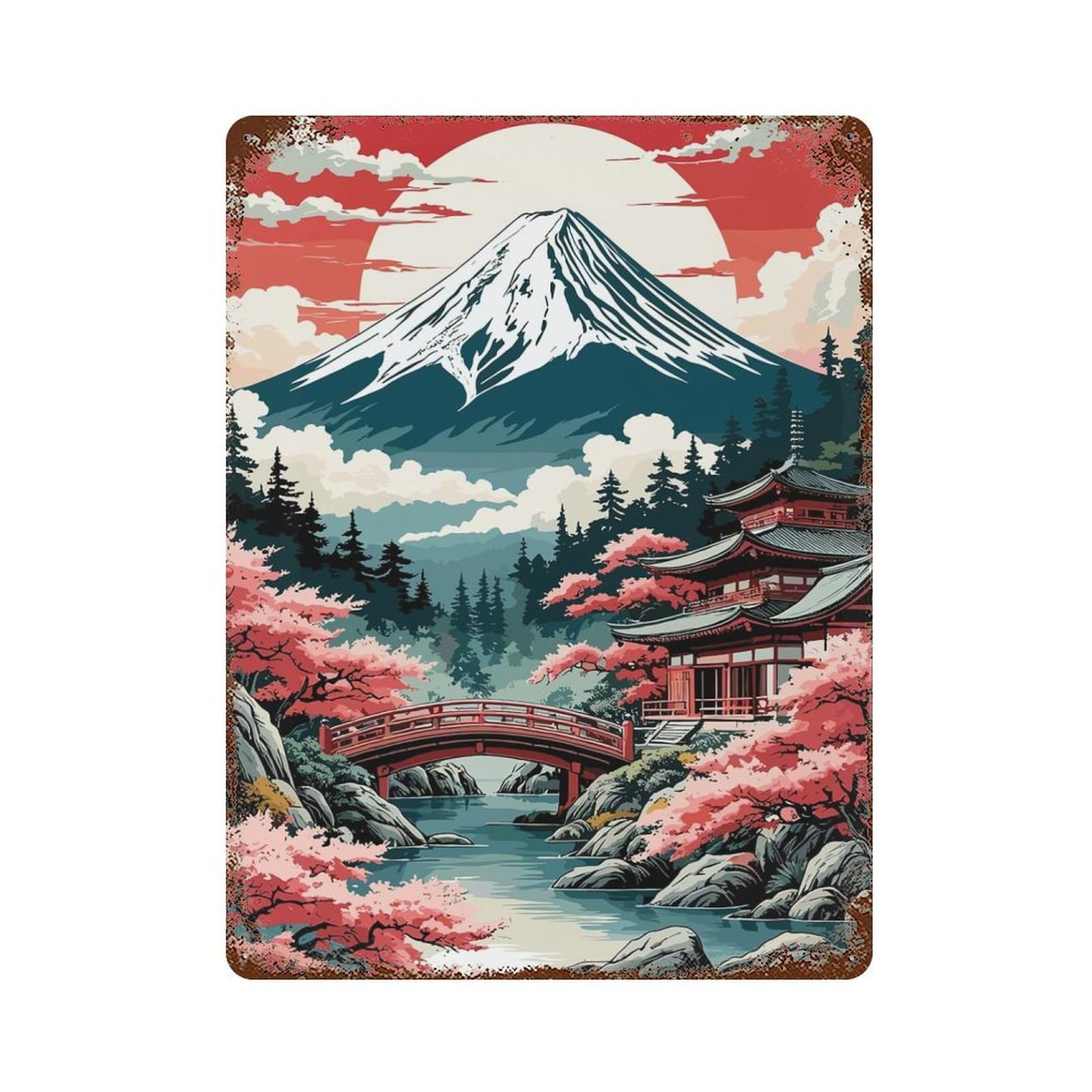 Mount Fuji And Cherry Blossoms Retro Metal Sign 15.7"x11.8", for Office, Studio And Wall Decor, Industrial Home Decor