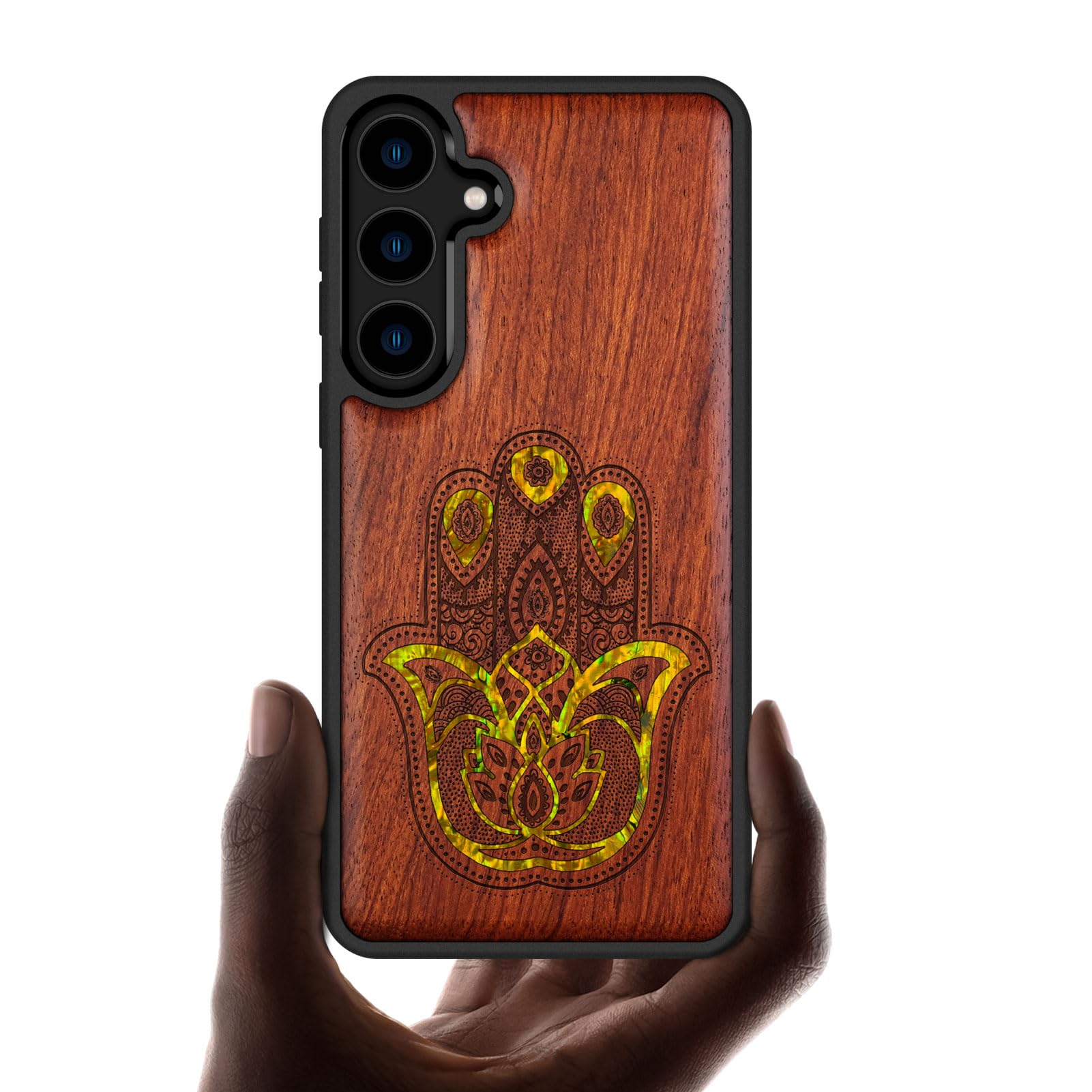Coque Galaxy S24 Plus gravure bois et nacre rosée motif hamsa - 8