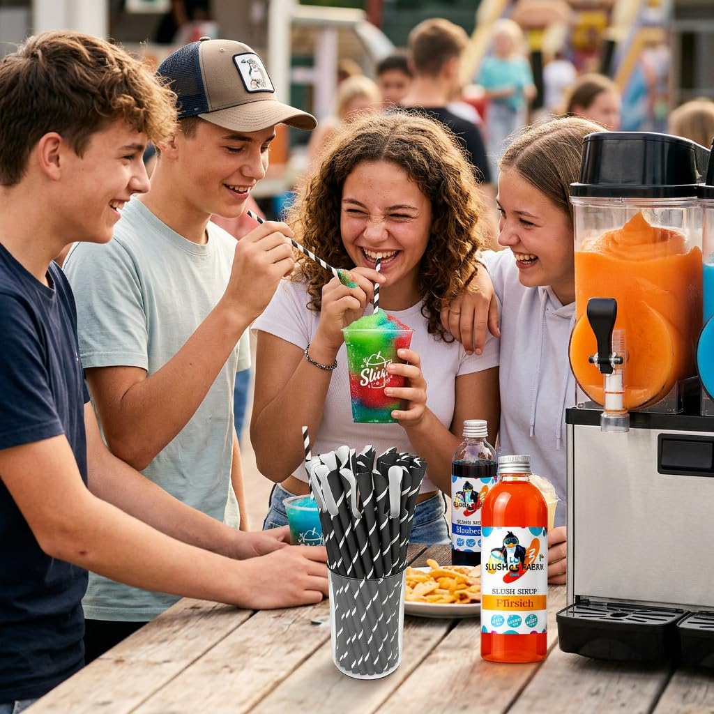 Sirup Partyset 6 x 250ml und 125 Löffelstrohhalme für Slush, Getränke Hergestellt ohne AZO und Glycerin | Slushy selber machen | Slushmaschine Aroma Konzentrat 1:5, Perfekt für Ninja Slushy Maschine