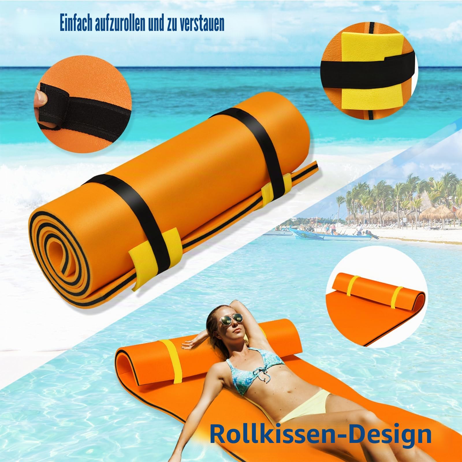 HOMASIS 350 x 180 cm Wasserhängematte für 4-6 Personen, aufrollbare Schwimmmatte bis zu 400 kg, schwimmende Wassermatte aus XPE-Schaum, Wasser Hängematte für Meer, Pool & See