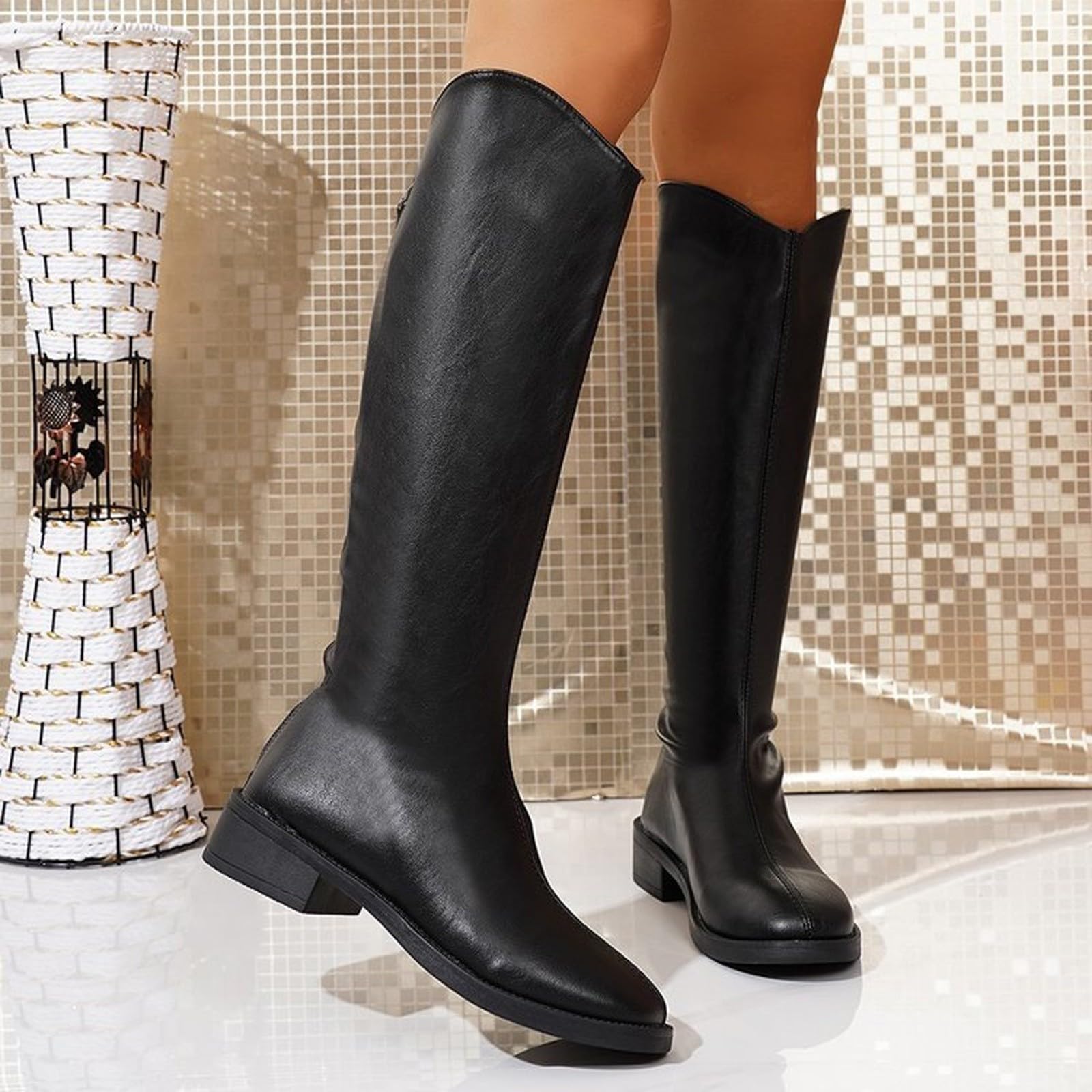 Botas de Invierno Mujer Botas Altas hasta la Rodilla con tacón Grueso, Punta Redonda y Cremallera Trasera. Calzado Liso para otoño/Invierno.