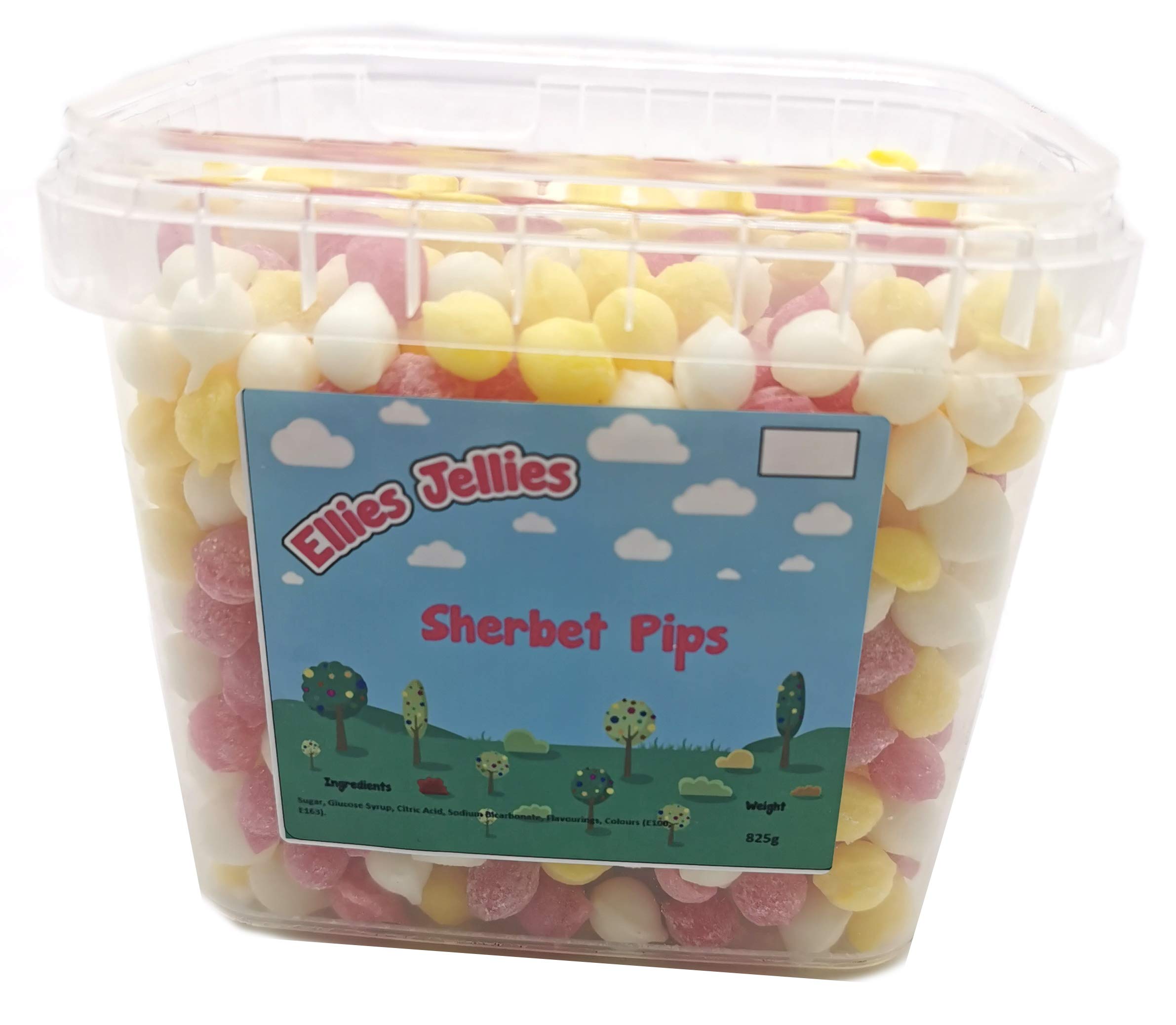 Ellies Jellies Sherbet Pips- 825g Square Tub- Classic Traditional Sweet- Pink, White and Yellow Pips- Super Fizzy