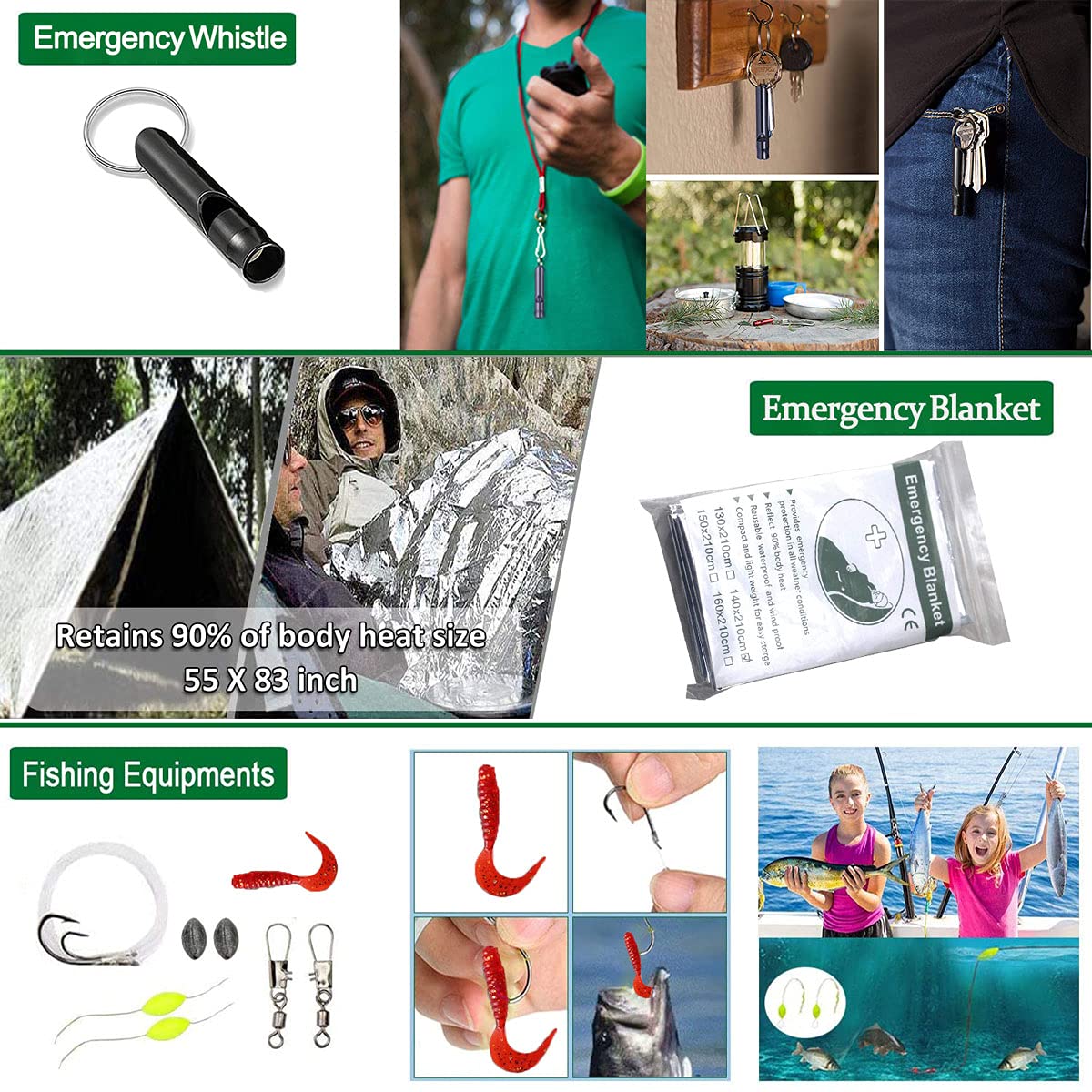 Kit de Supervivencia 15 en 1, Multifuncional Bolsa de Supervivencia de Emergencia para Viajar Caminar Acampar al Aire