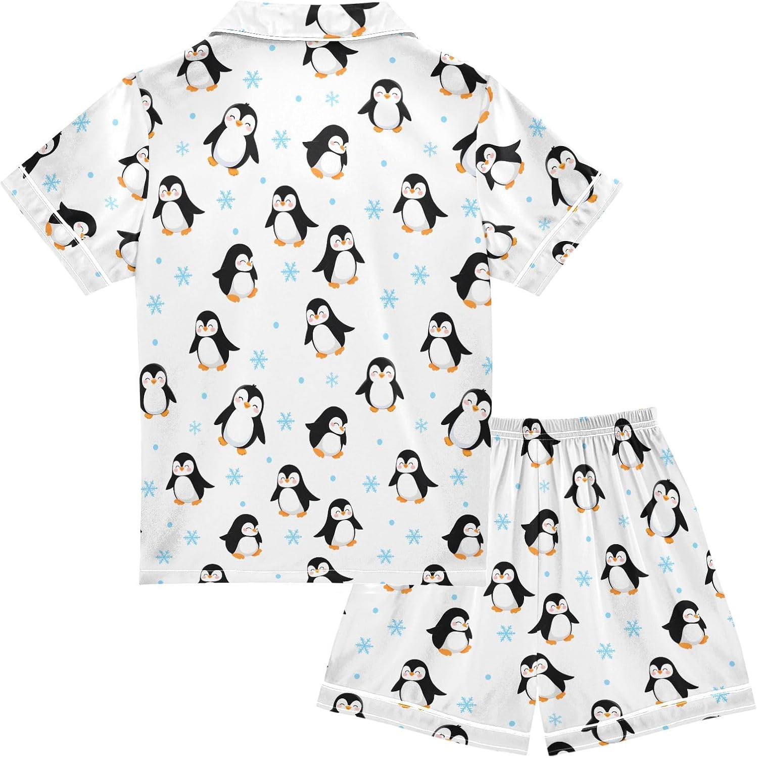 Kids Satin Wear Set Penguin Snowflake Pattern Relaxing Clothing Short Sleeve and Shorts