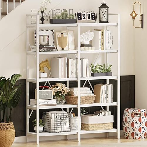 Miniatura 2 de FATORRI Estantería moderna de 5 niveles, estantería Etagere de madera, estante alto de metal con estantería abierta grande (roble blanco, 51