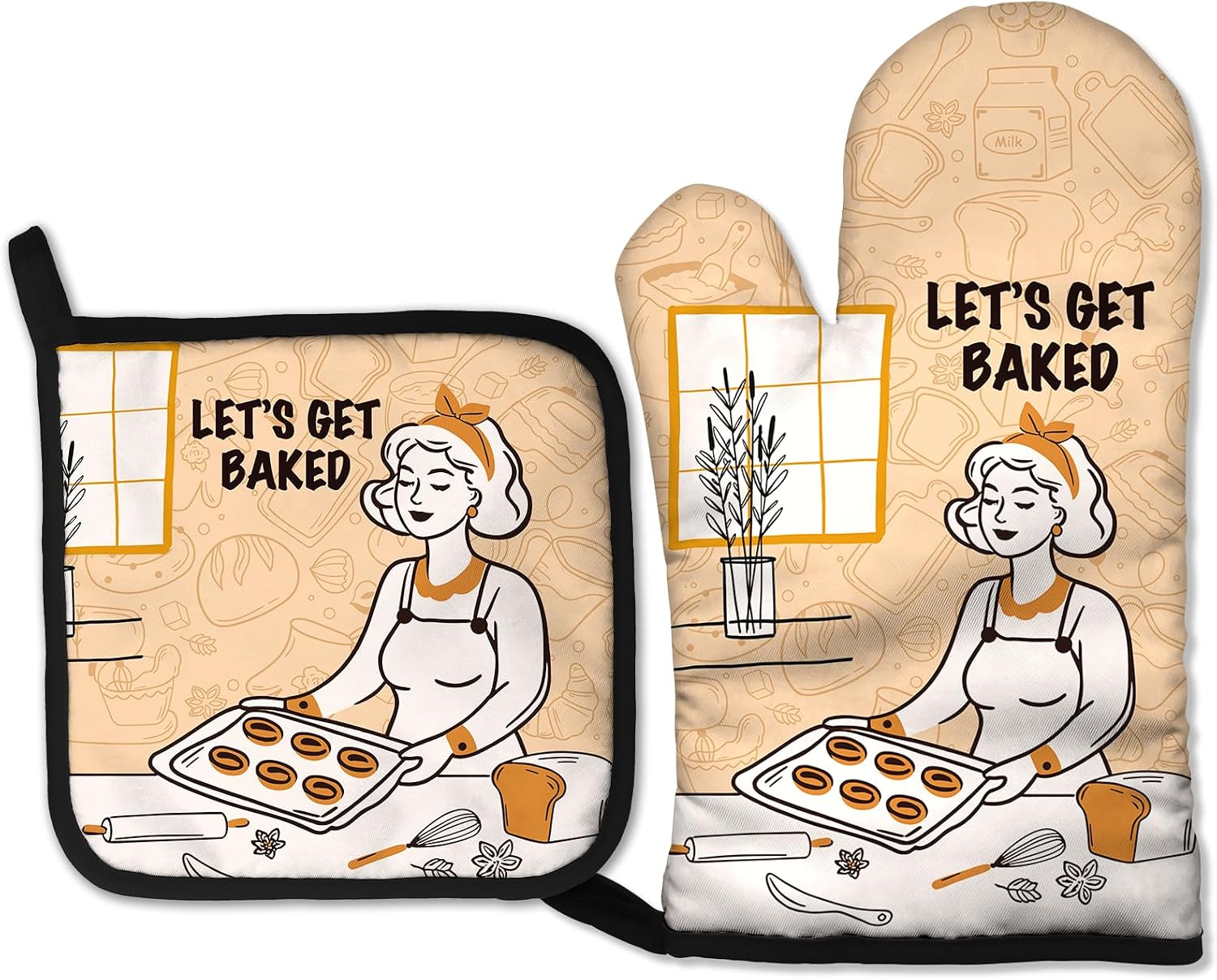 Let's Get Baked, Funny Women's Oven Mitts and Potholders Set, Baking Gifts for Women Bakers, Vintage Humor Mother's Day, Birthday Housewarming Gift, Double Sided Pattern