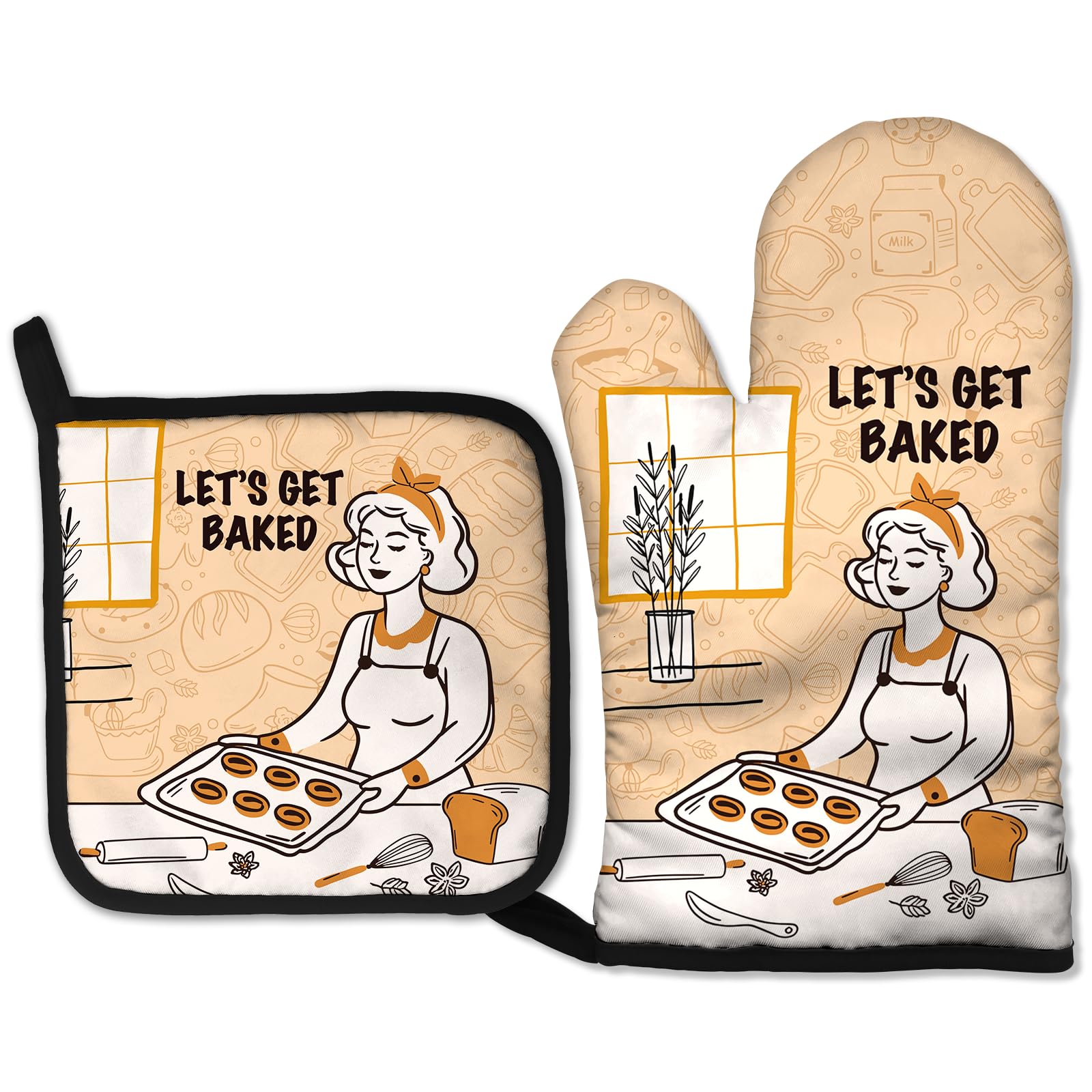 Lhbfsaz Let's Get Baked, Funny Women's Oven Mitts and Potholders Set, Baking Gifts for Women Bakers, Vintage Humor Mother's Day, Birthday Housewarming Gift, Double Sided Pattern