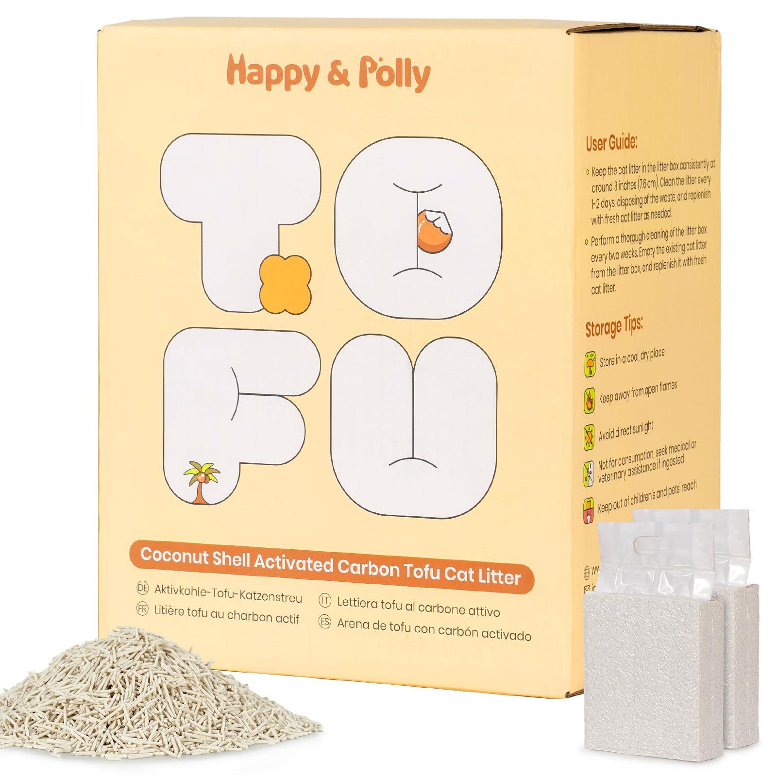 Happy & Polly Tofu Cat Litter – Fast Clumping, Flushable, Ultra Absorbent, Low Tracking, 100% Natural Raw Materials with Coconut Charcoal – 5kg