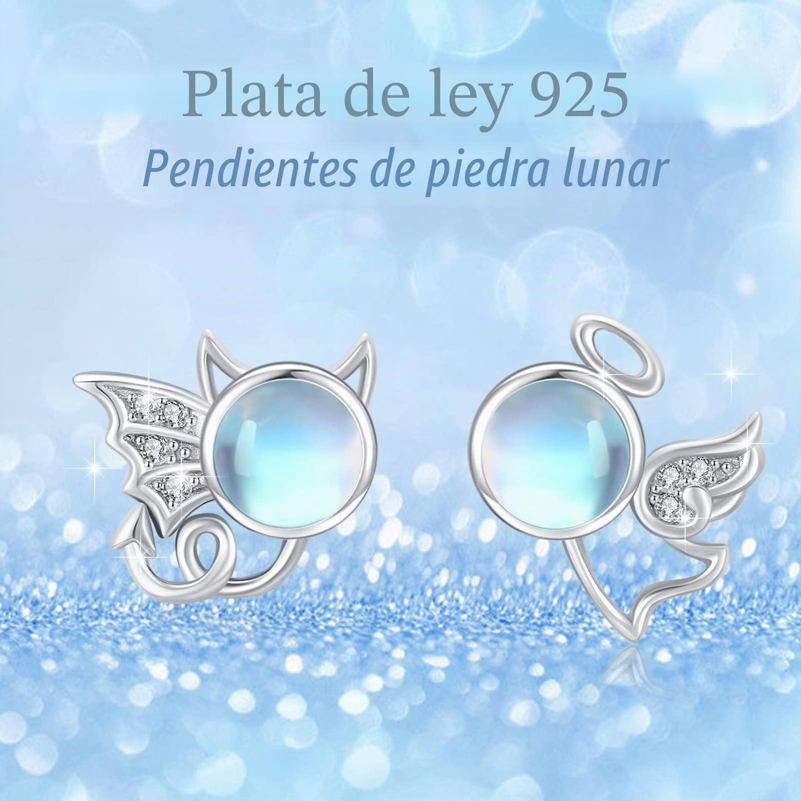 Pendientes de Plata 925 con Piedra Lunar - Diseño Ángel Diablo para Halloween - Joyería de Luna para Mujer