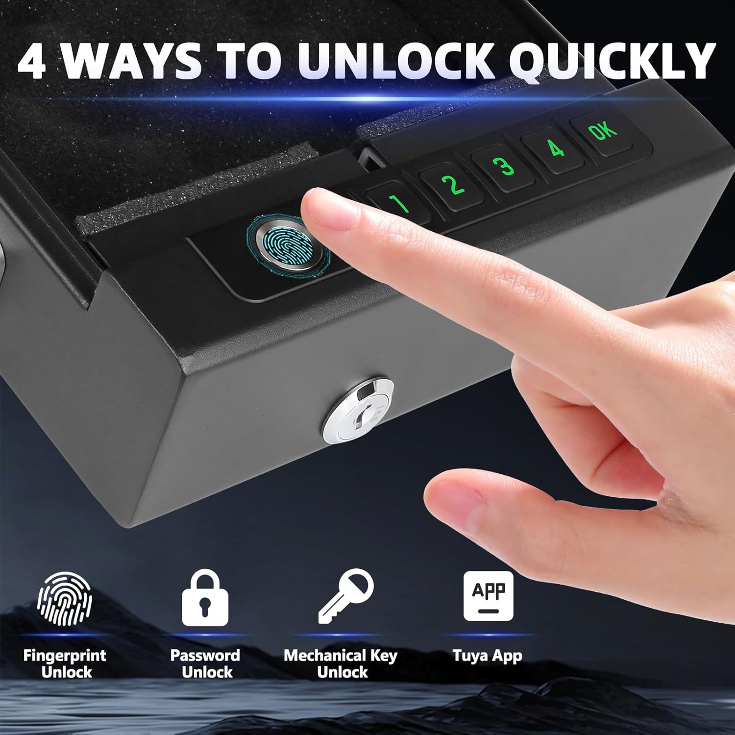 Fingerprint Lock Safe, 4-Ways Unlock Fingerprint/Digital Keypad/Key/App, Type-C Charging, Portable Small Biometric Safe for Home, Travel, Car, Storage of Cash, Jewelry, Documents