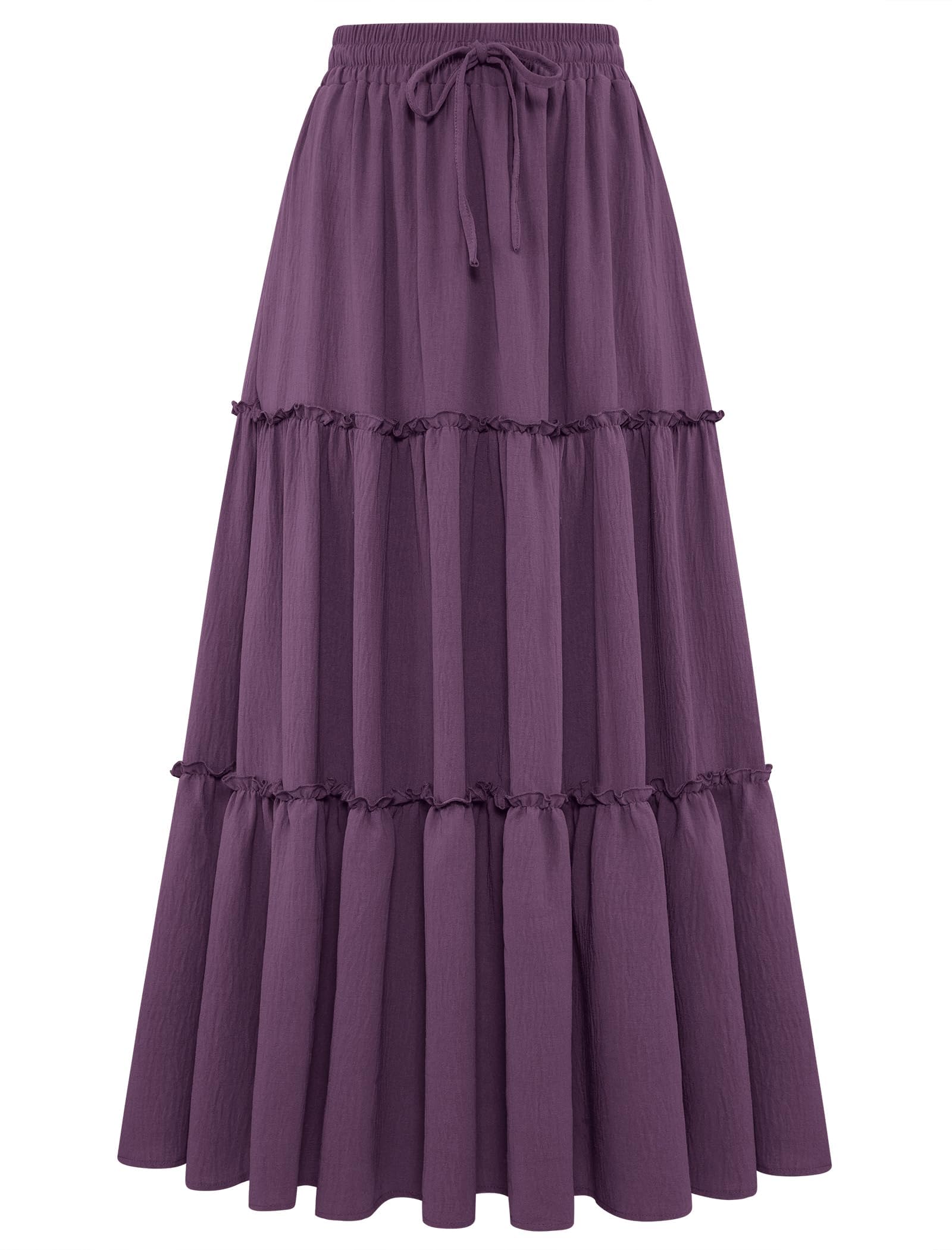Arolina Women's Summer Maxi Skirt Trendy High Waist Pleated Ruffle Long Skirts Flowy Beach Boho Skirt Dress with Pockets