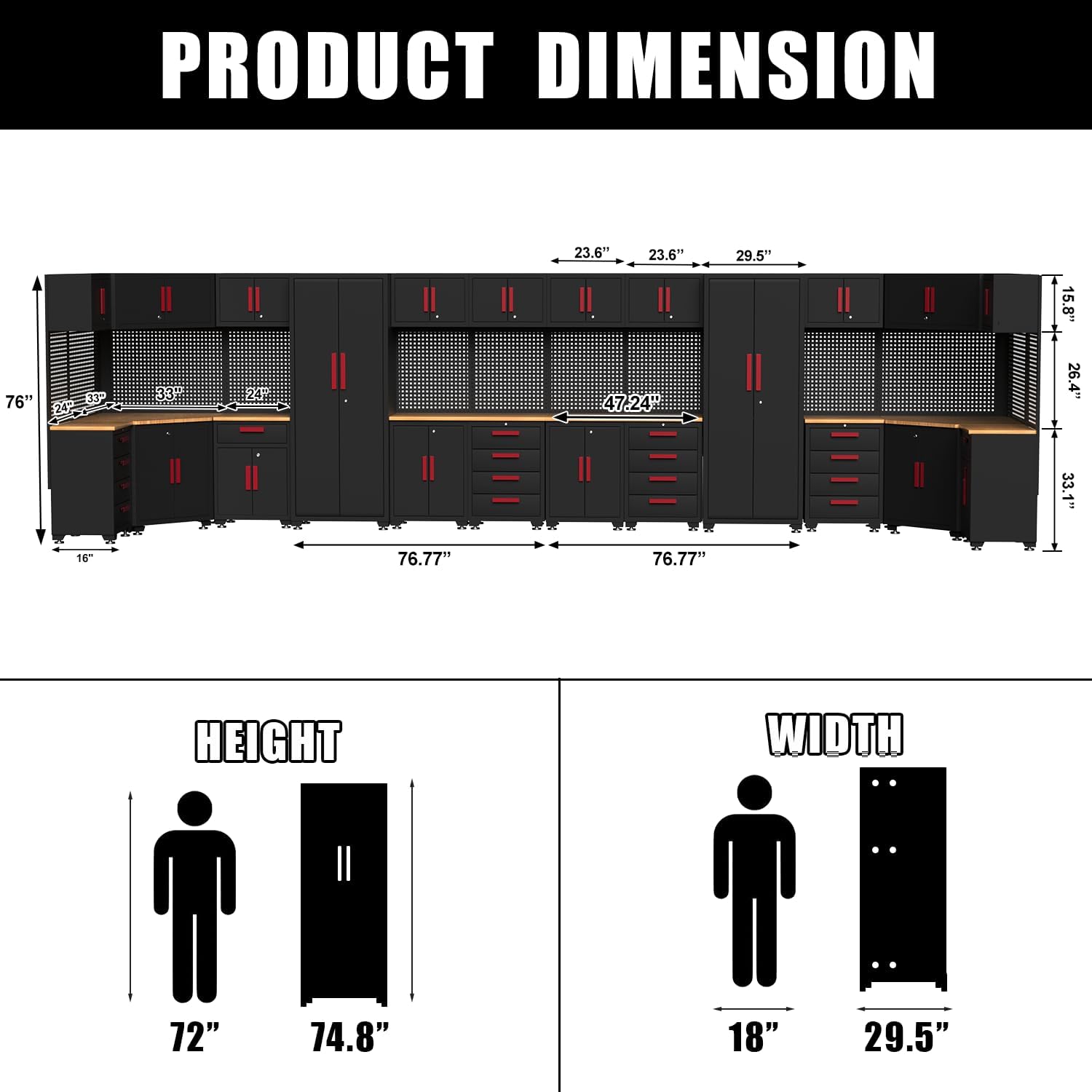 Garage Storage Cabinet System, 32PCS Garage Cabinets and Storage System Kit Workshop Set with Steel Cabinet, Cabinet Drawers, Workbench, Red Handle