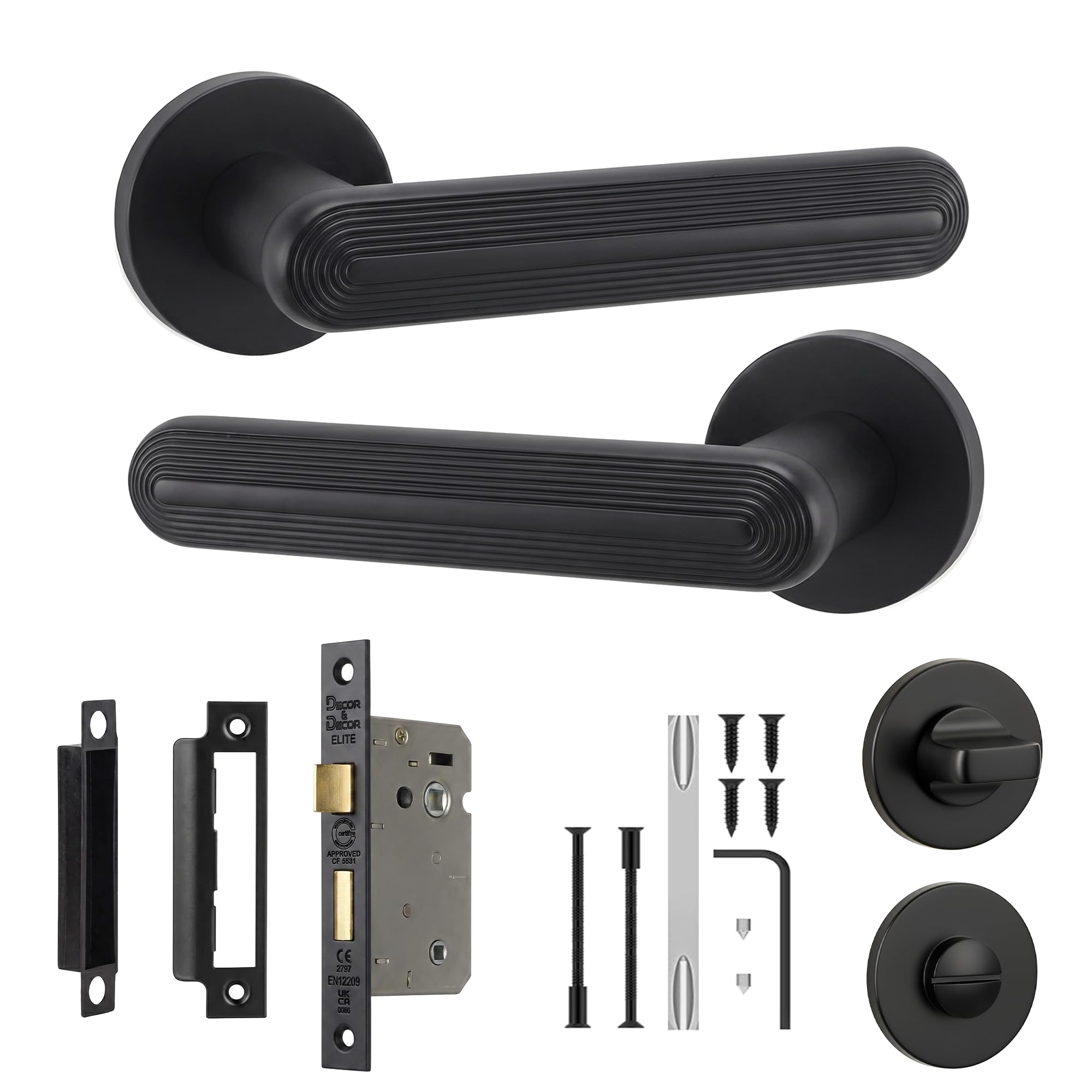 Decoranddecor Matt Black Bathroom Door Handles with Lock 76mm