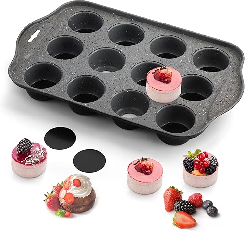 Miniatura 5 de Tosnail Paquete de 2 moldes para tartas de queso con 12 cavidades, mini moldes para hornear magdalenas con parte inferior extraíble, redondos, color
