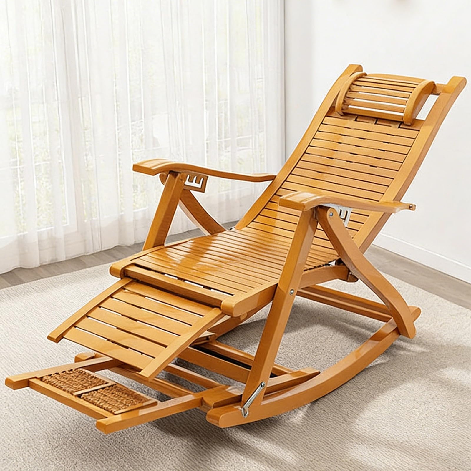 GTHTUHFD Folding Bamboo Rocking Chair, Outdoor Relaxing Recliners With Adjustable Backrest, Patio Reclining Rocker Chair, Lounge Chair For Beach, Yard, Lawn, Pool,Natural