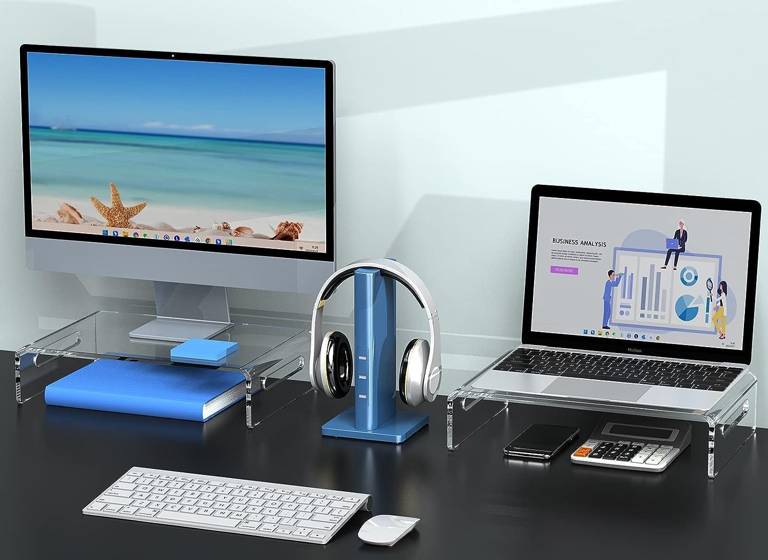 VBM Clear Acrylic Monitor Stand Riser, Adjustable Ergonomic Desktop Organizer for Computer, Laptop & Printer, Space Saving Transparent Desk Shelf, Heavy Duty Support up to 50 lbs for Home Office