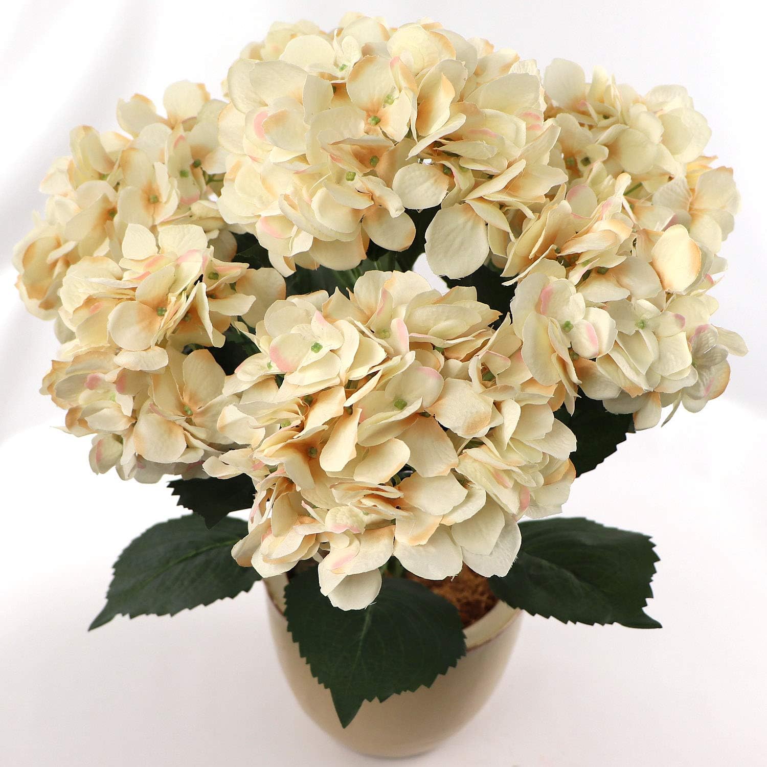 Larksilk Beige Hydrangea Silk Flower Bush - Real Touch, UV Resistant, 7 Heads Per Bush - Adjustable Stem, Rich Green Leaves - Perfect for Indoor & Outdoor Wedding Decor