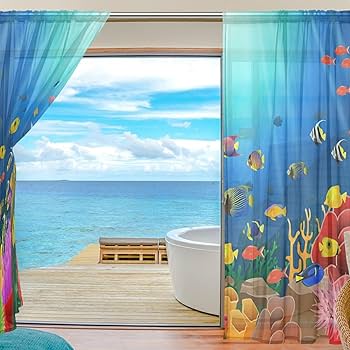Amazon｜Chovvy レースカーテン ミラーカーテン 海 ハワイ 魚柄